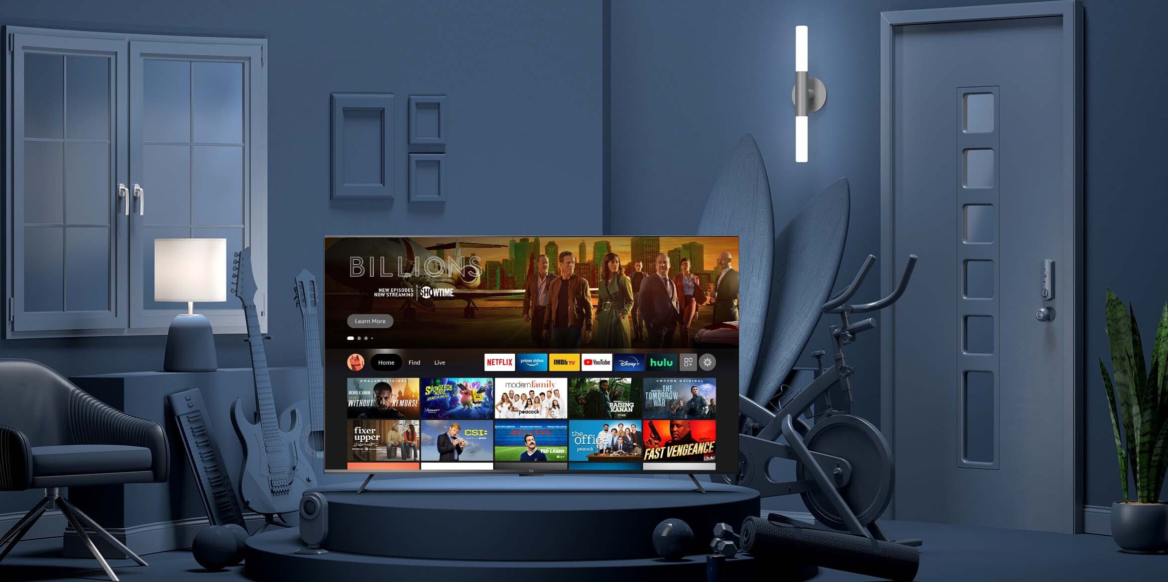 A Fire TV displays a Netflix menu.