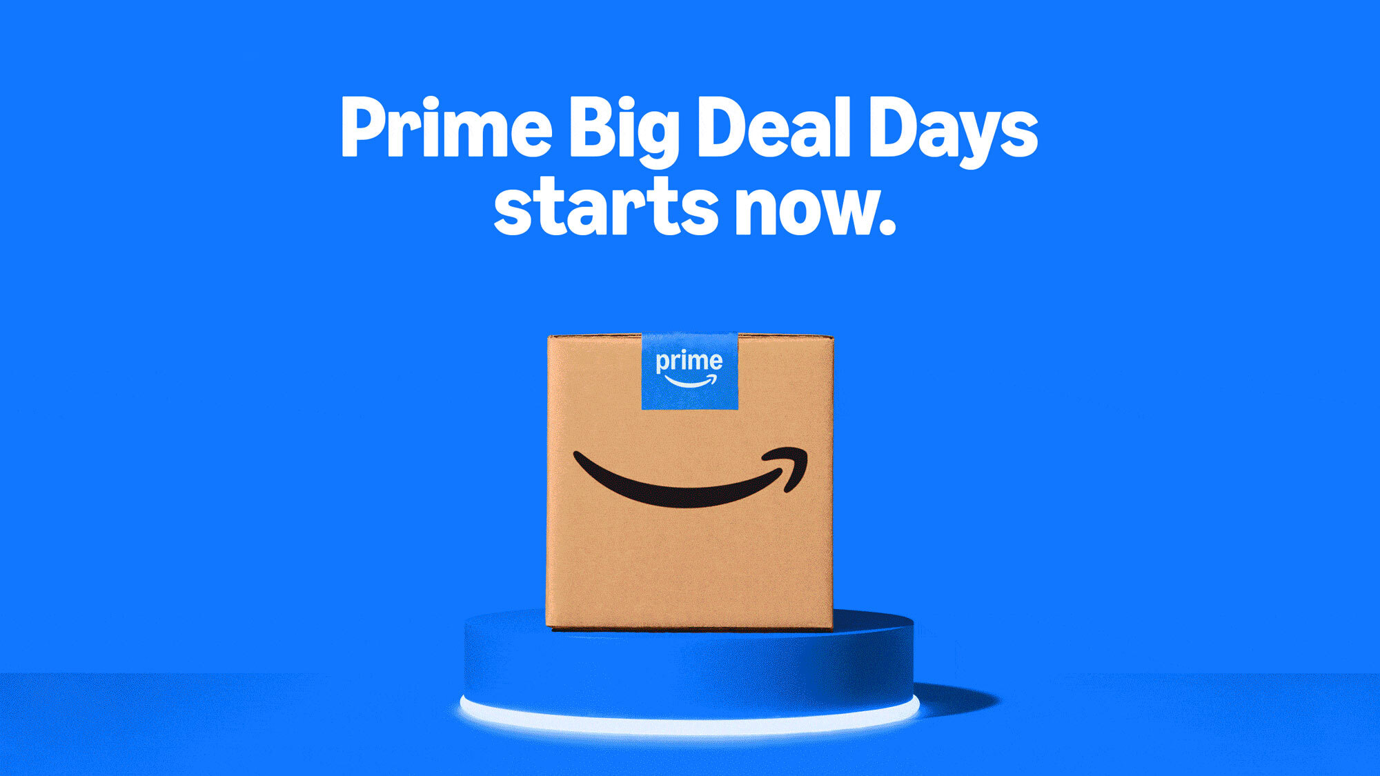 Amazon Prime Big Deal Days announcement with package on blue pedestal