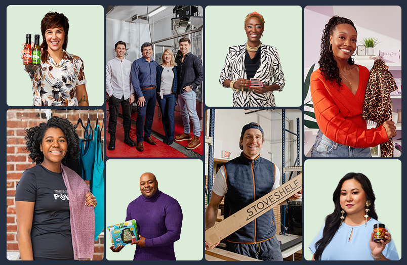 Collage of different small business owners holding their products that are available to purchase in Amazon stores.