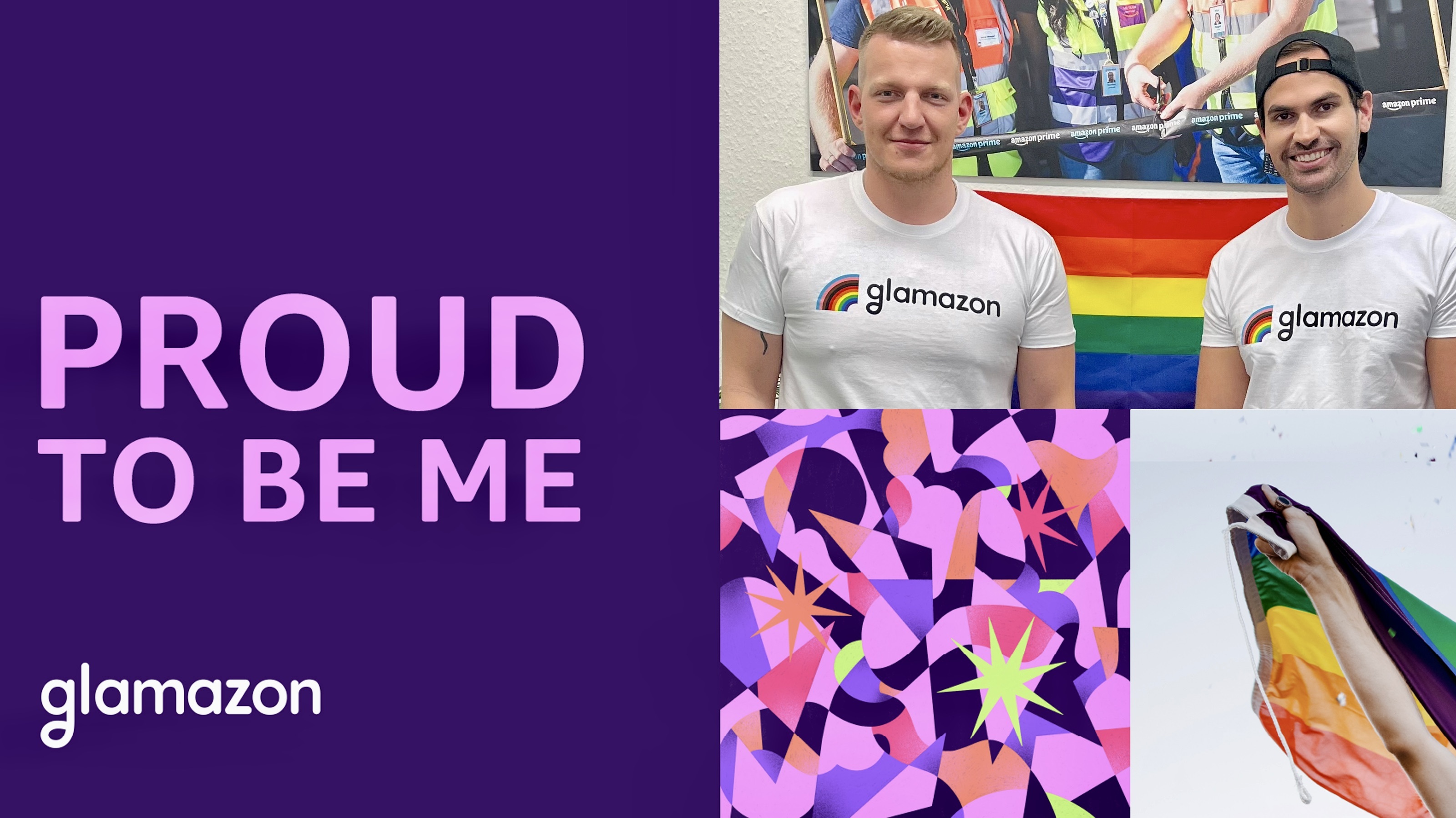glamazon Collage mit Schriftzug "Proud to be me" und einem Bild, auf dem Marc mit seinem Mentor zu sehen ist. Die beiden jungen Männer tragen T-Shirts mit der Aufschrift "glamazon".