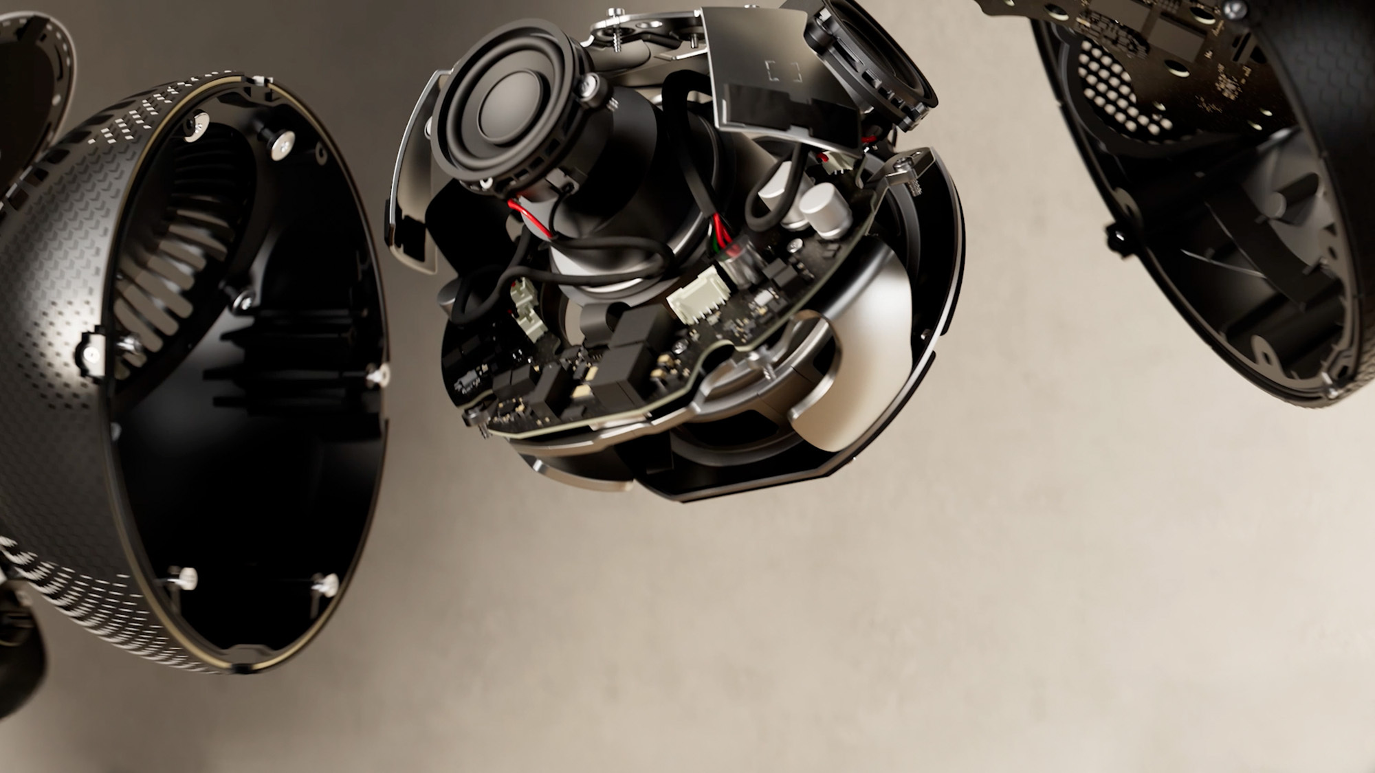 Alexa+ sound Disassembled spherical speaker components revealing internal electronics