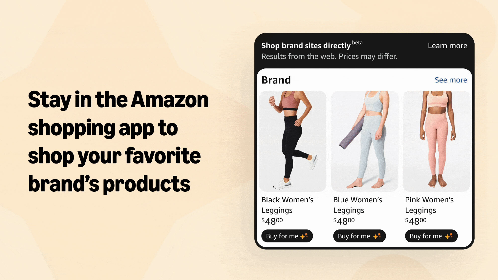 Amazon product display of women's leggings with 'Buy for me' buttons