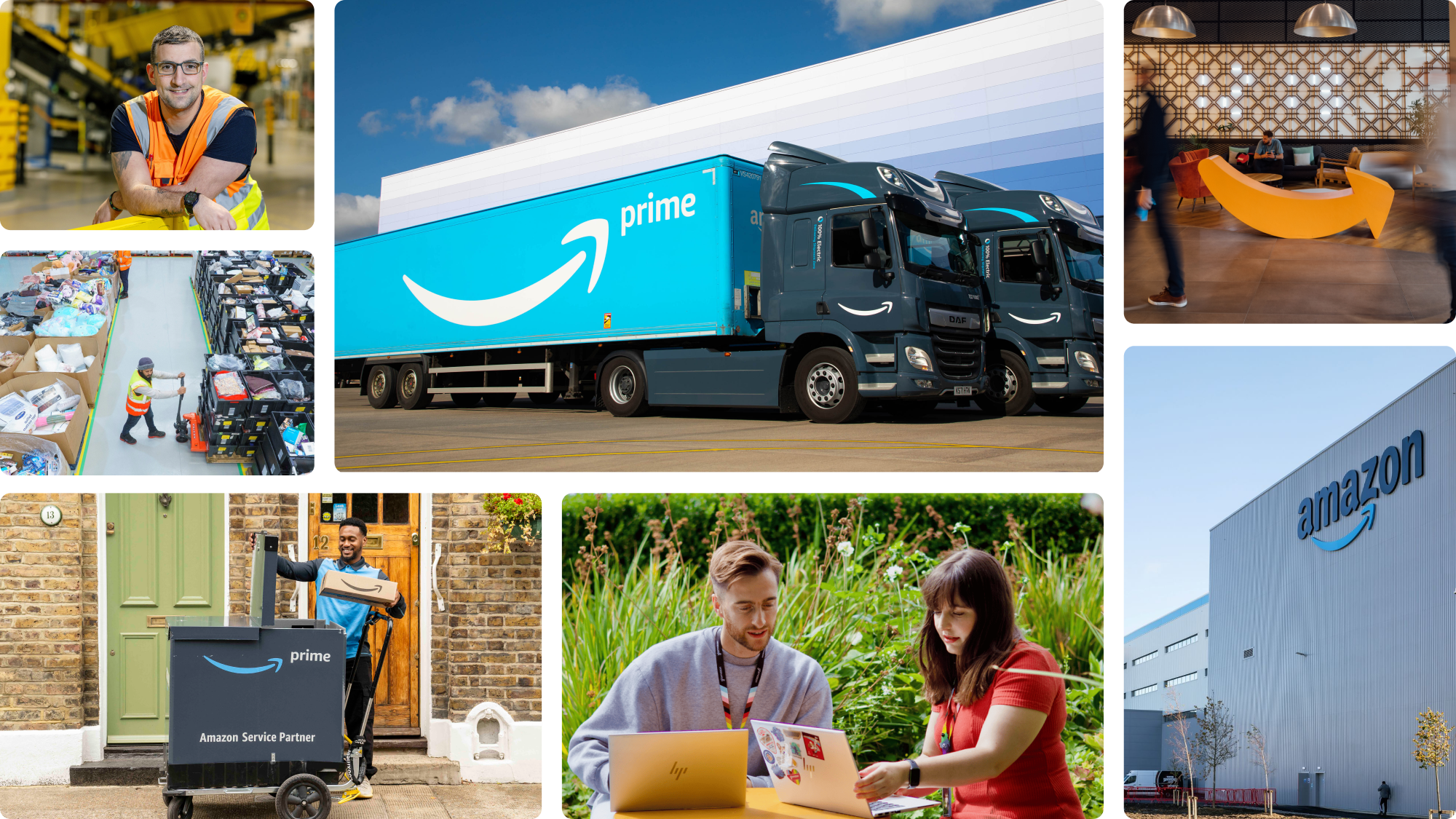 Photo collage of Amazon workers, warehouses, and delivery vehicles