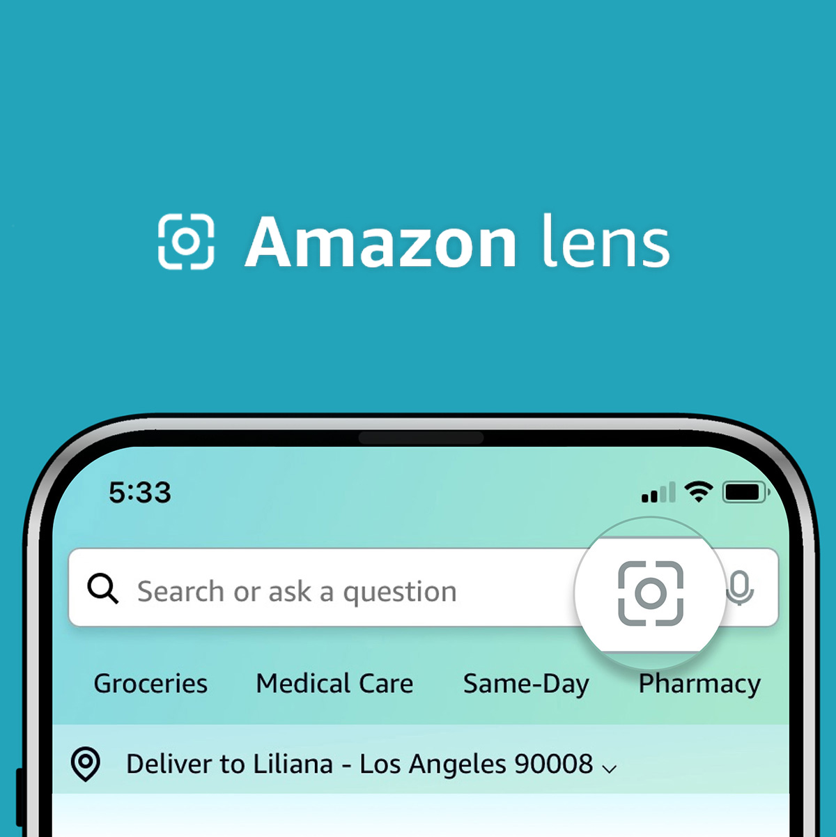 The top of a smartphone with the Amazon shopping app pulled up and zoomed in on the camera icon in the search bar of the app.