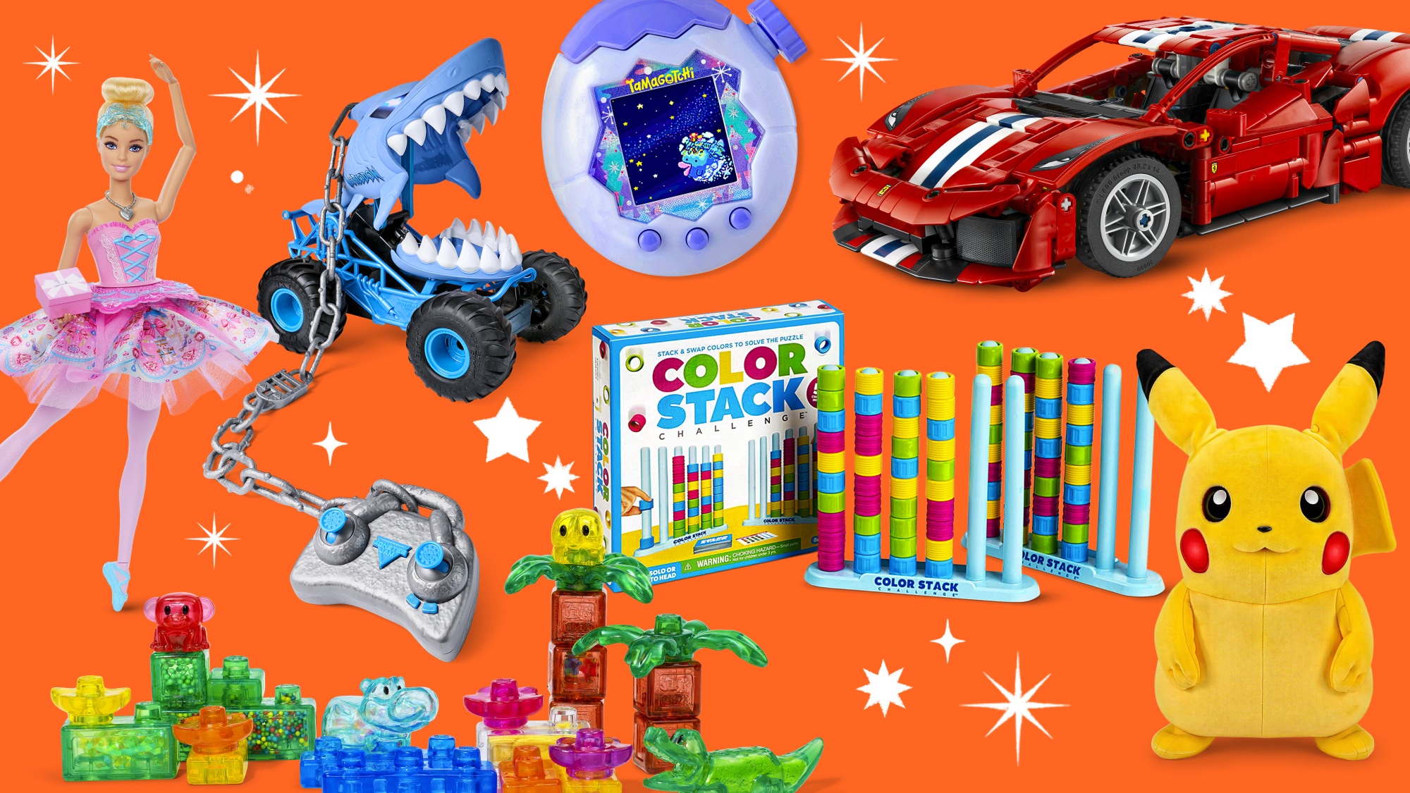 Collage of various toys including Barbie doll, blocks, racecar, and Pikachu stuffed animal