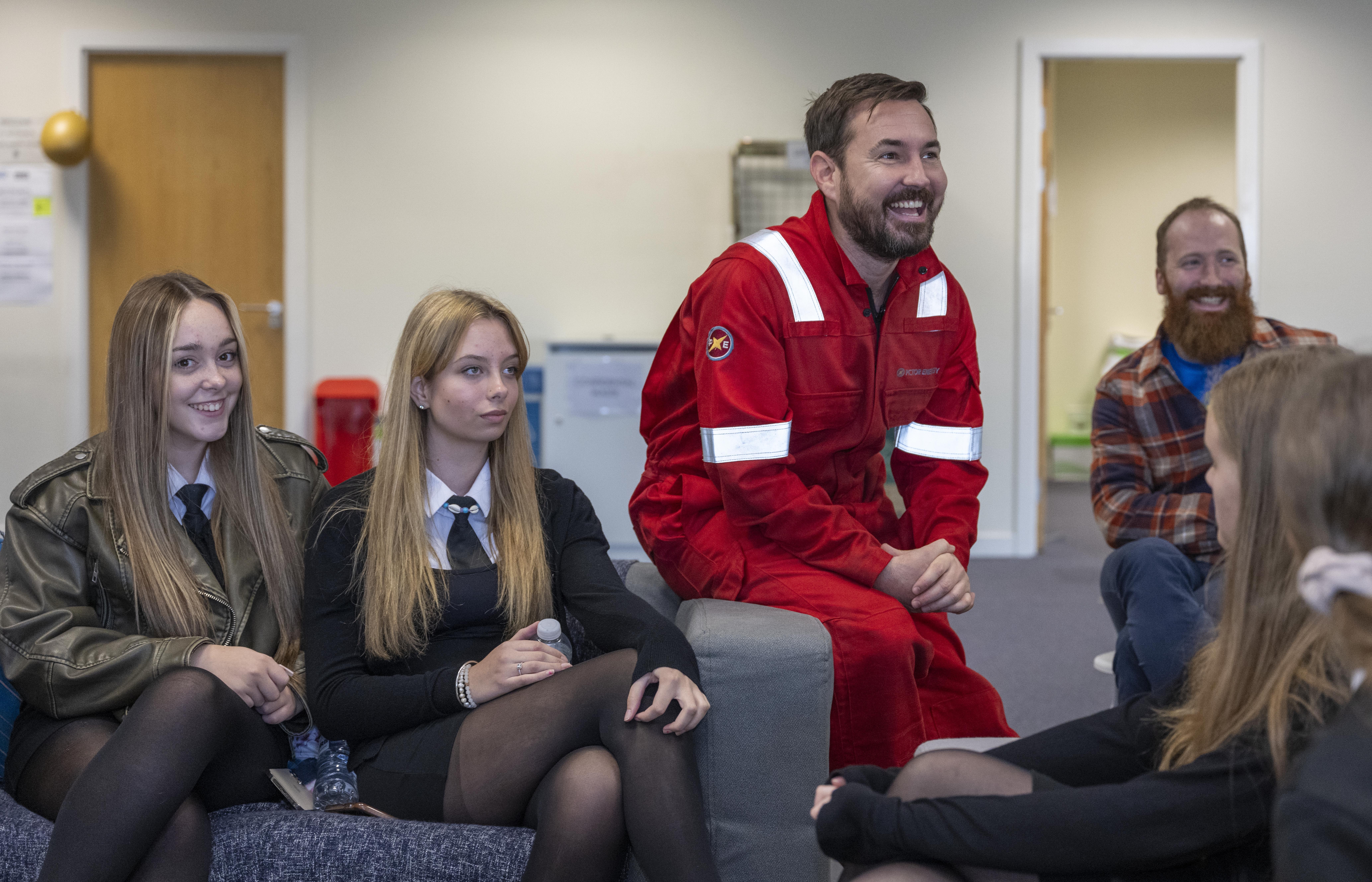 Scottish star Martin Compston joins students from Lochgelly High School on the set of The Rig