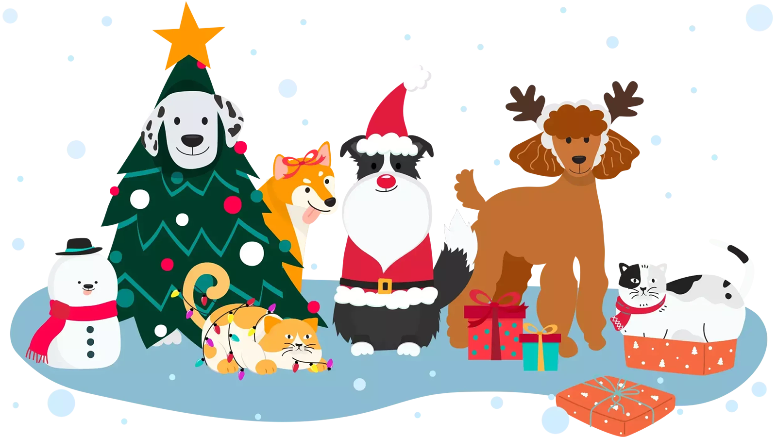 Illustration of pets dressed with Christmas decorations