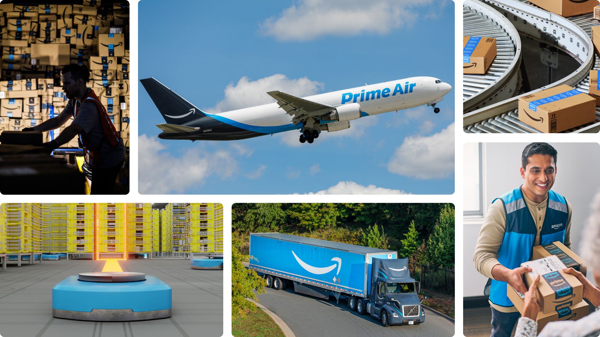 Amazon's logistics network showcasing air, ground, and warehouse operations