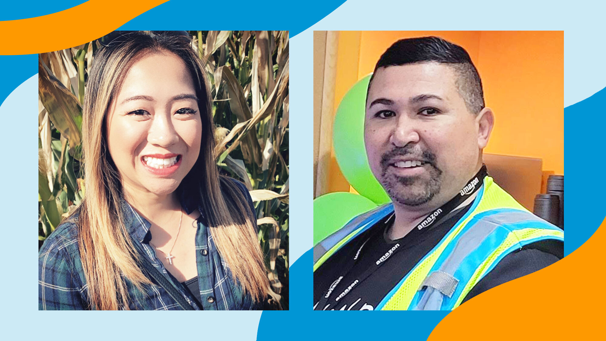 Two portrait photos of Amazon employees who are growing their careers set atop a colorful abstract illustration.