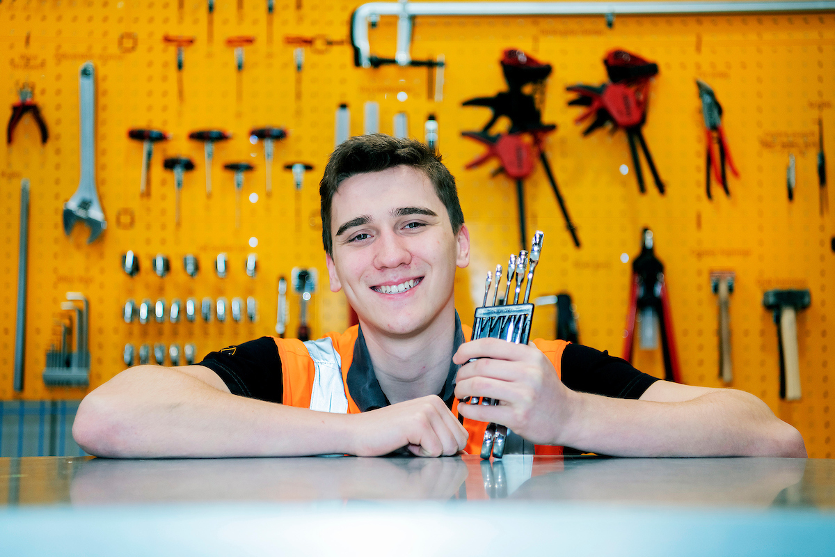 Mechatronics apprentice, Luca Stanislawski, pictured with tools