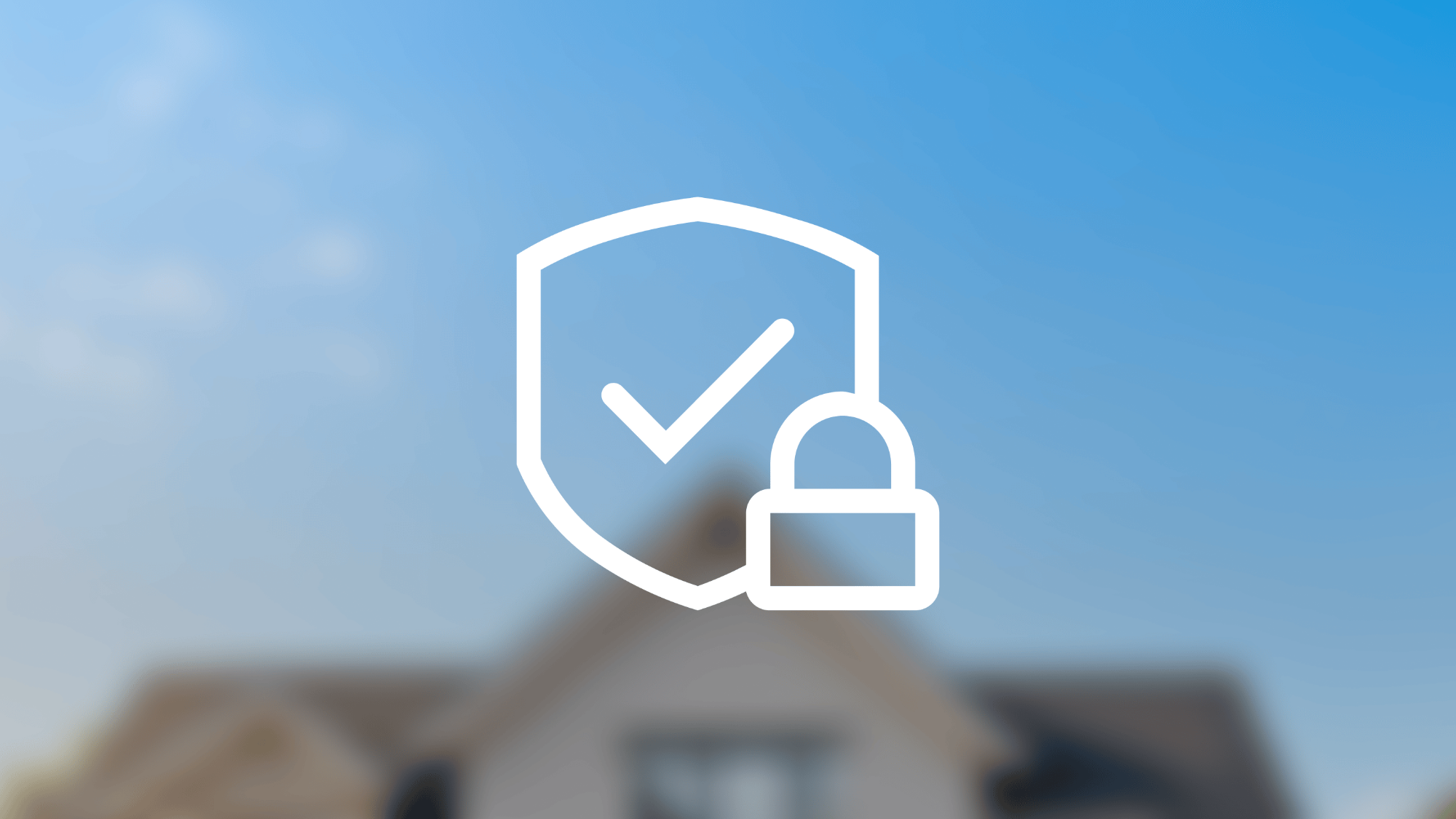 An illustration of a shield with a checkmark on its front and a padlock, overlaying a photo of a house.