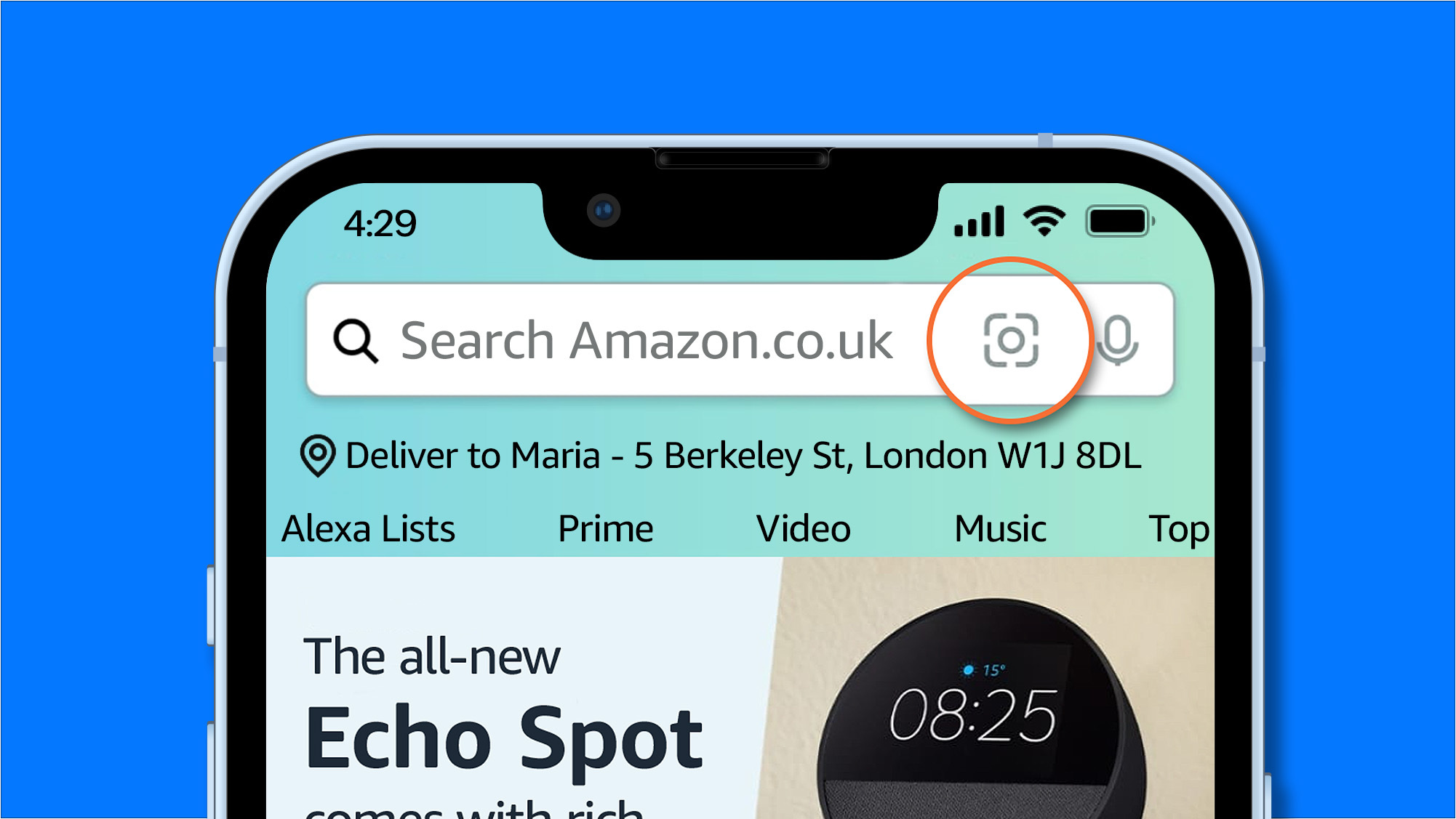 A screenshot of the Lens icon on the Amazon search bar
