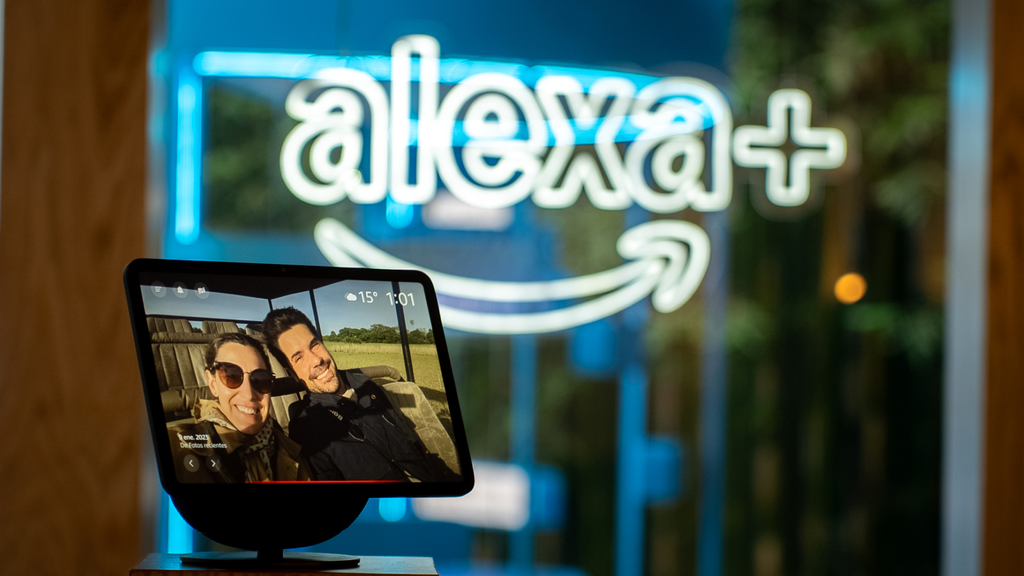 Alexa plus device in the foreground with the Alexa+ logo in the background at the Mexico launch