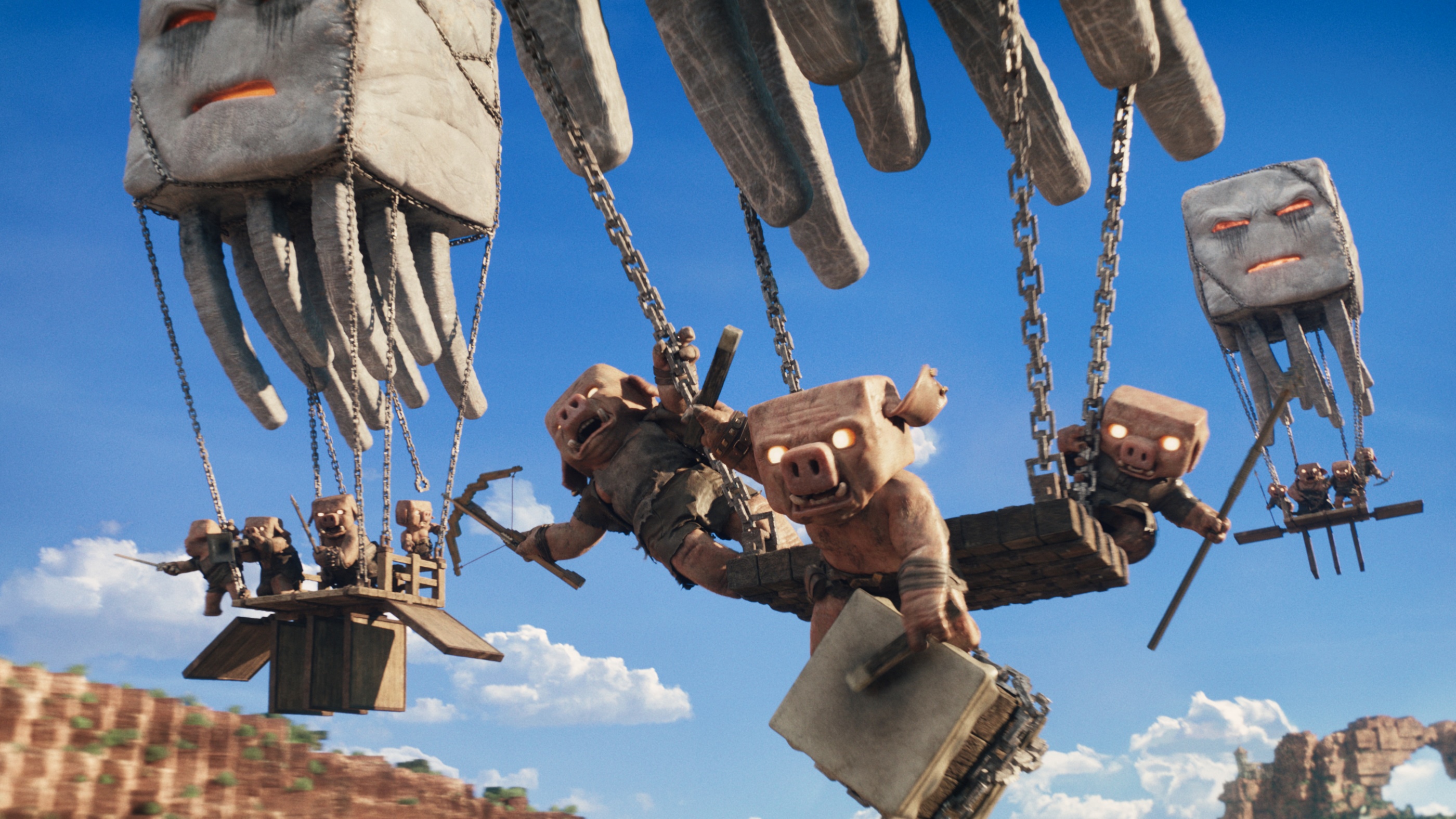 Minecraft creatures with block heads flying on makeshift vehicles in a desert sky
