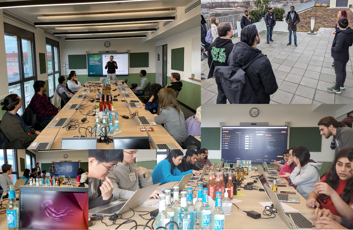Fotocollage von Studierenden, die im Rahmen des Projekts „ScoutingDD“ der TU Dresden und HTW Dresden bei Amazon in Dresden zu Besuch waren. 