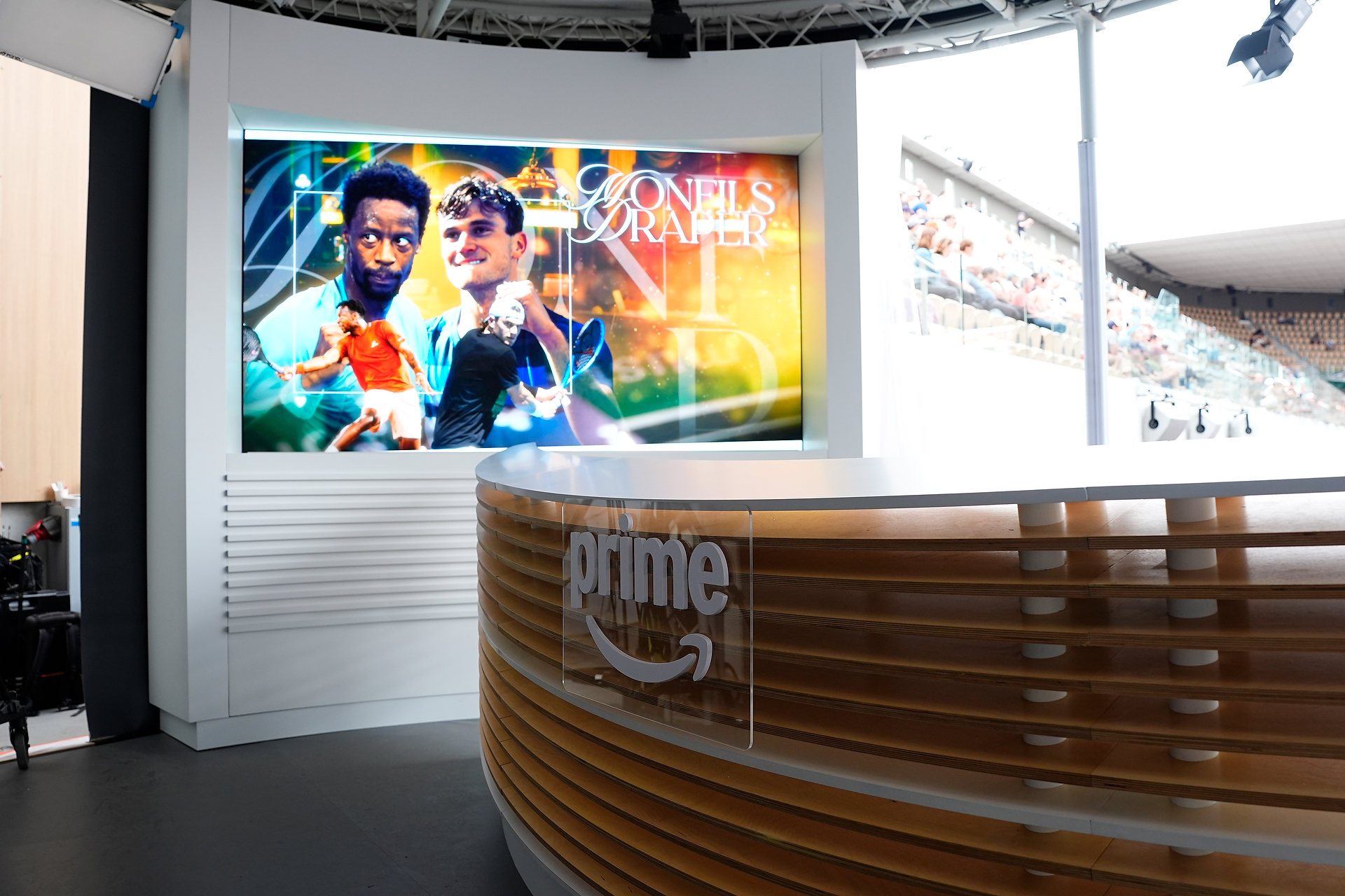 Prime Video studio set with colorful tennis-themed display