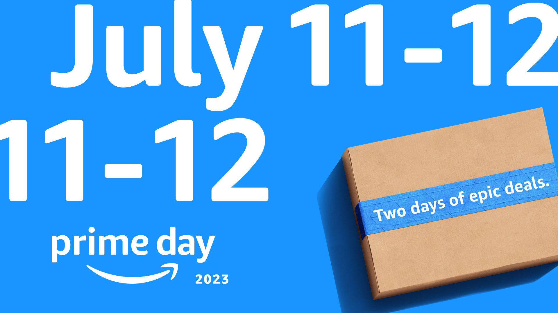 An illustration that shows Amazon's Prime Day logo and a box with Amazon tape on it that says "Two days of epic deals"