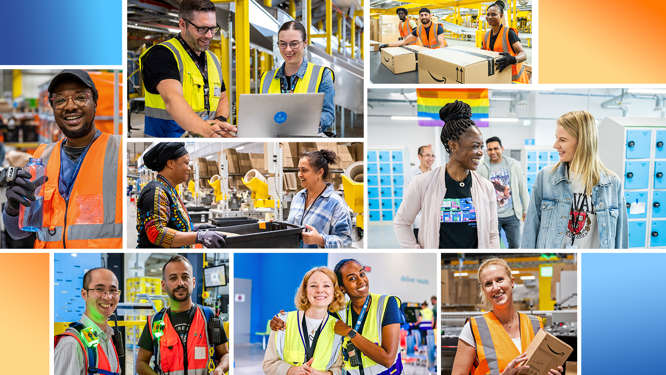 Collage mit Amazon Logistik-Mitarbeiter:innen