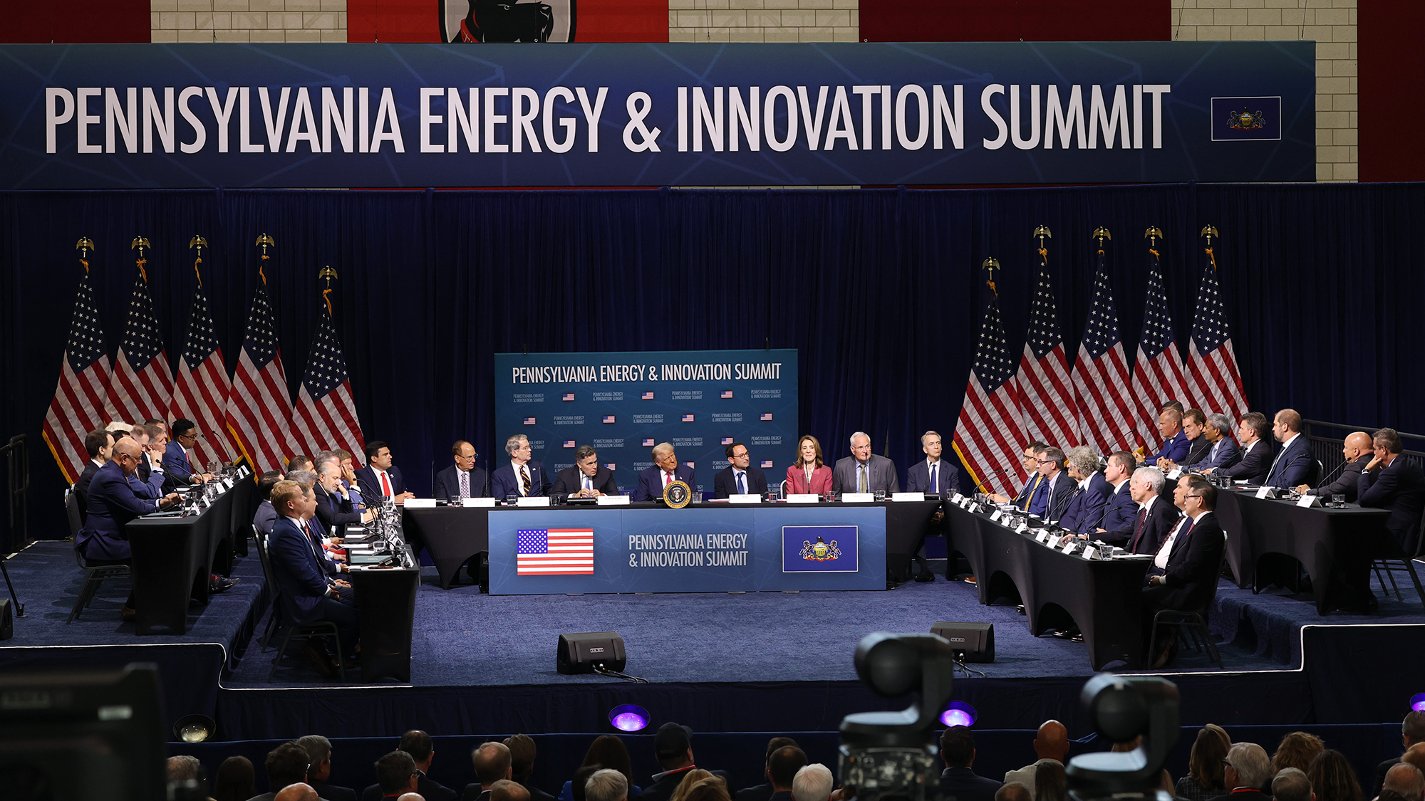 President Donald J. Trump and leaders across government and industry on stage in a panel at the The Pennsylvania Energy and Innovation Summit.