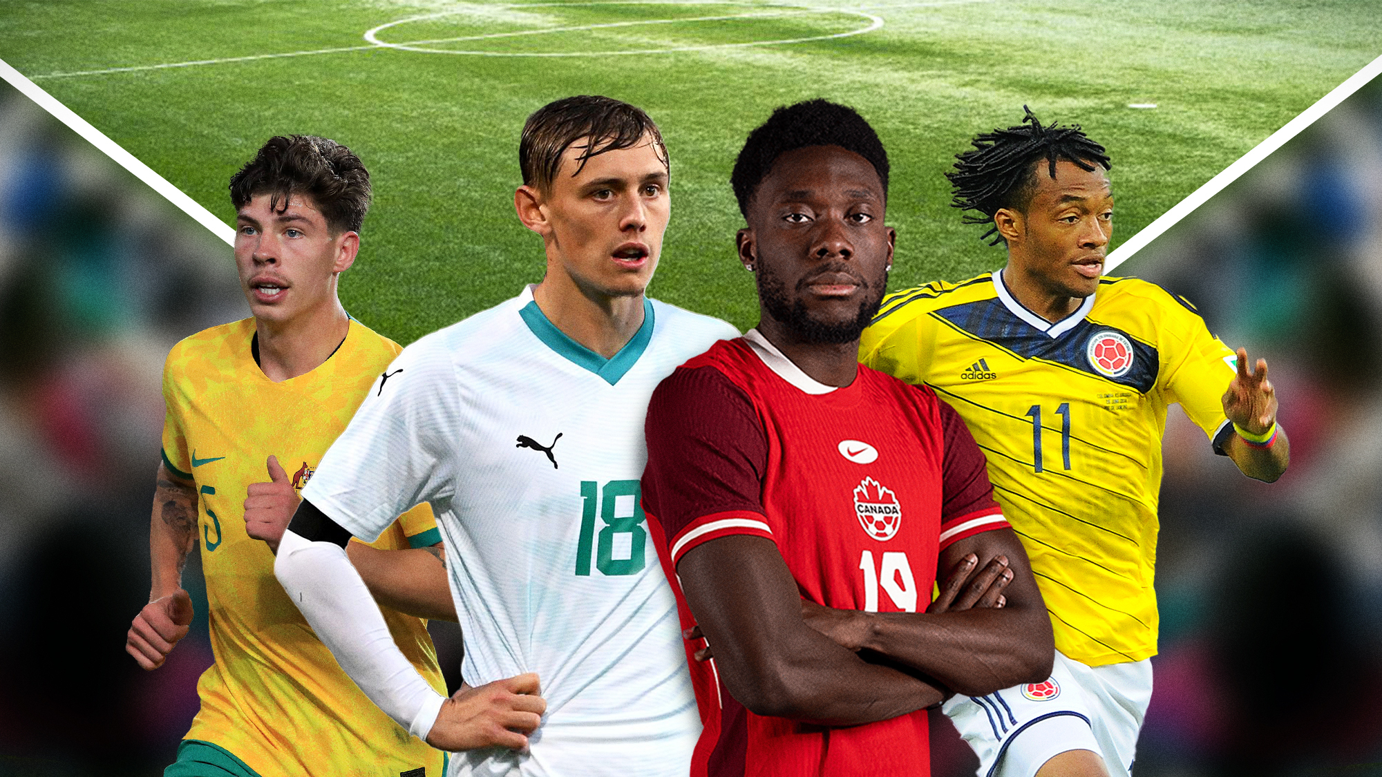International soccer promo art featuring Jordan Bos of Australia, Ben Waine of New Zealand, Alphonso Davies of Canada, and Juan Cuadrado of Colombia.