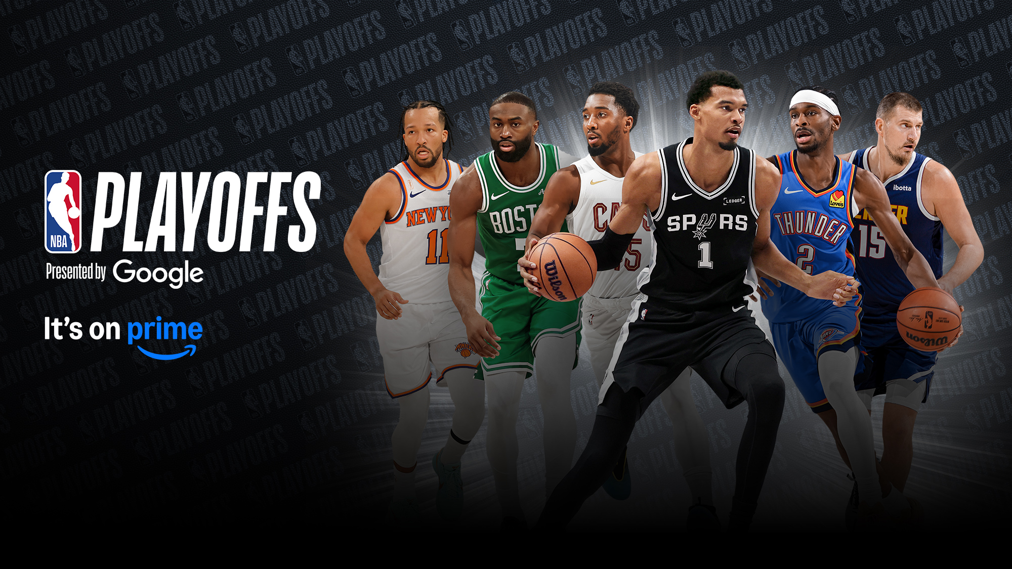 NBA playoff graphic featuring Jalen Bruncons, Jaylen Brown, Donovan Mitchell, Victor Wembanyama, Shai Gilgeous-Alexander, and Nikola Jokić.