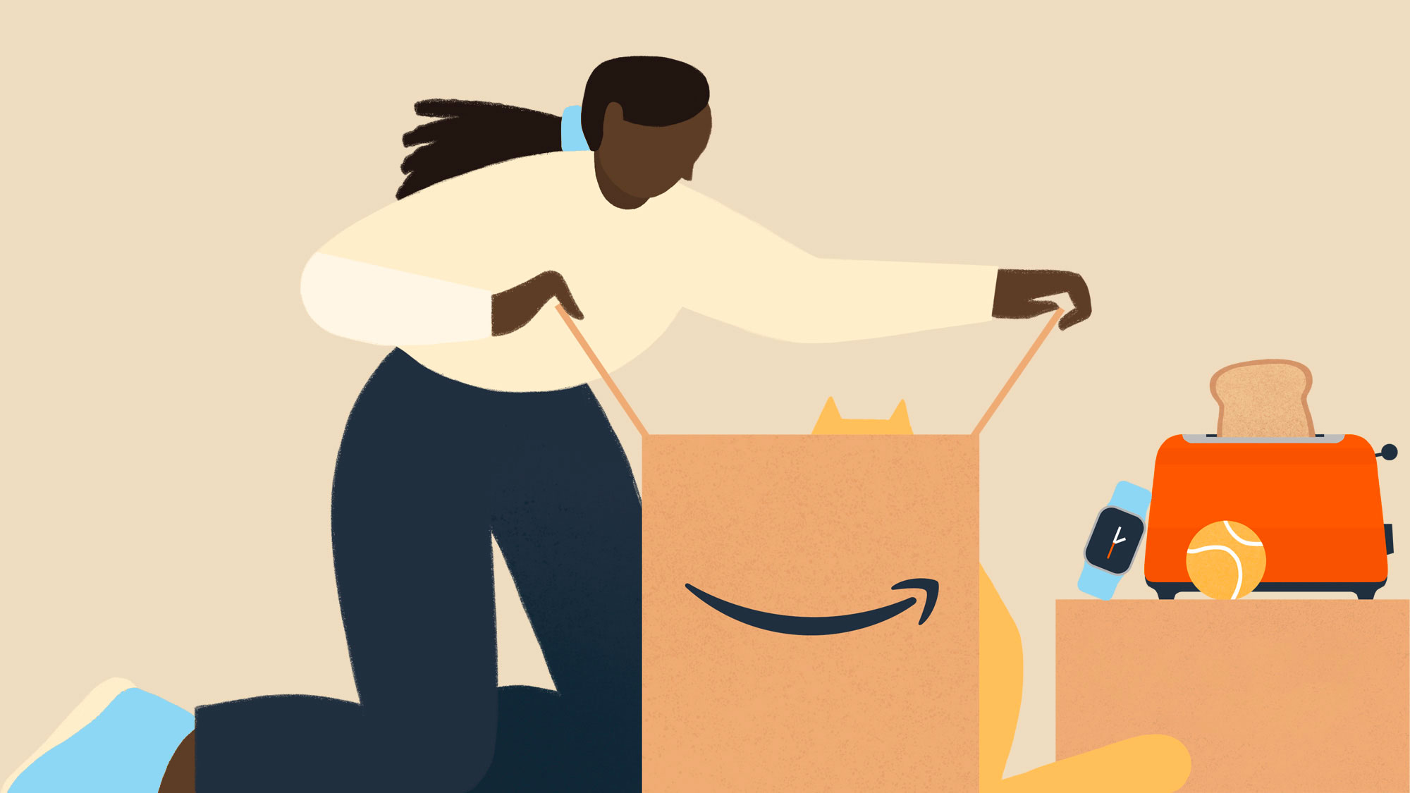 Eine Illustration mit einem Amazon-Karton und einer Amazon-Kundin. 