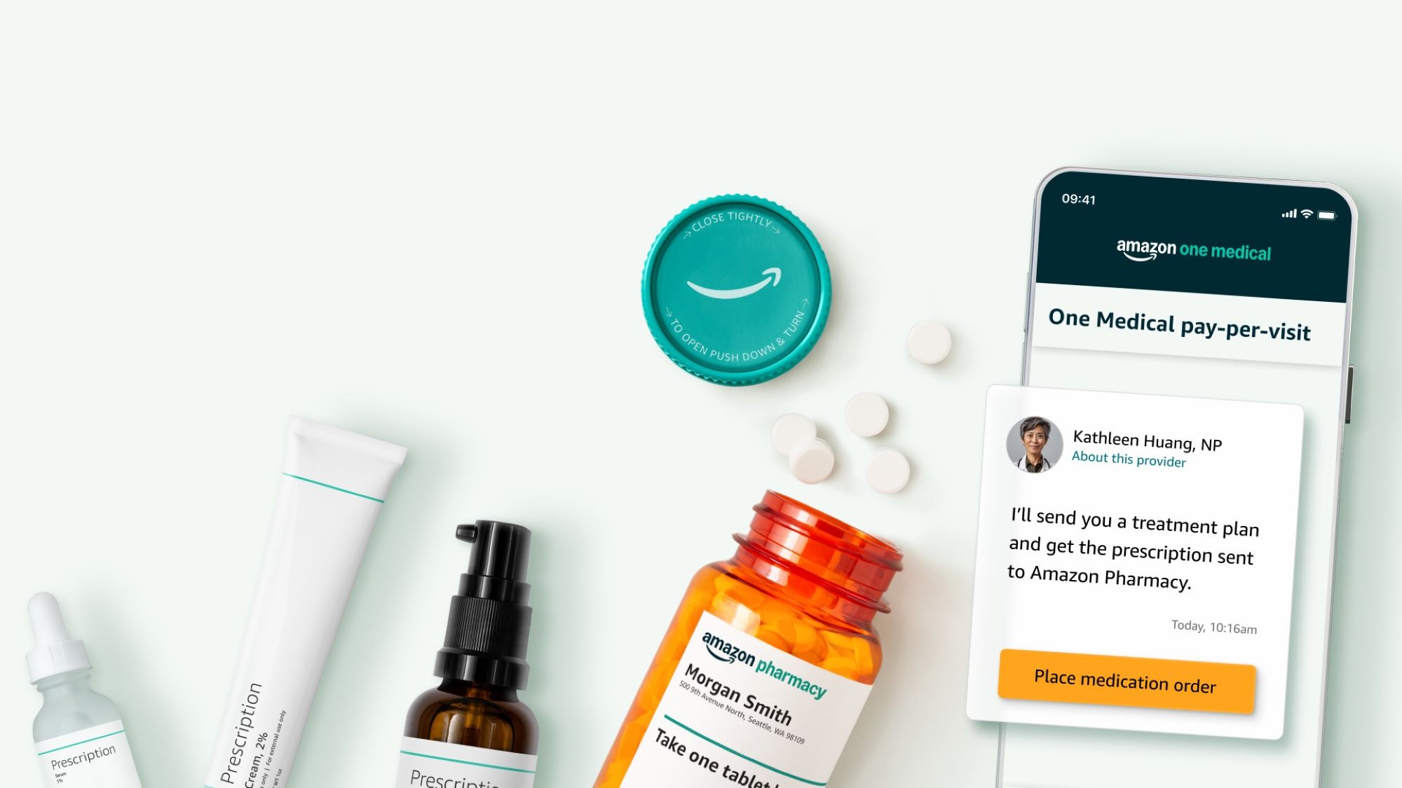 Medical supplies and Amazon Pharmacy prescription bottle next to smartphone displaying One Medical app