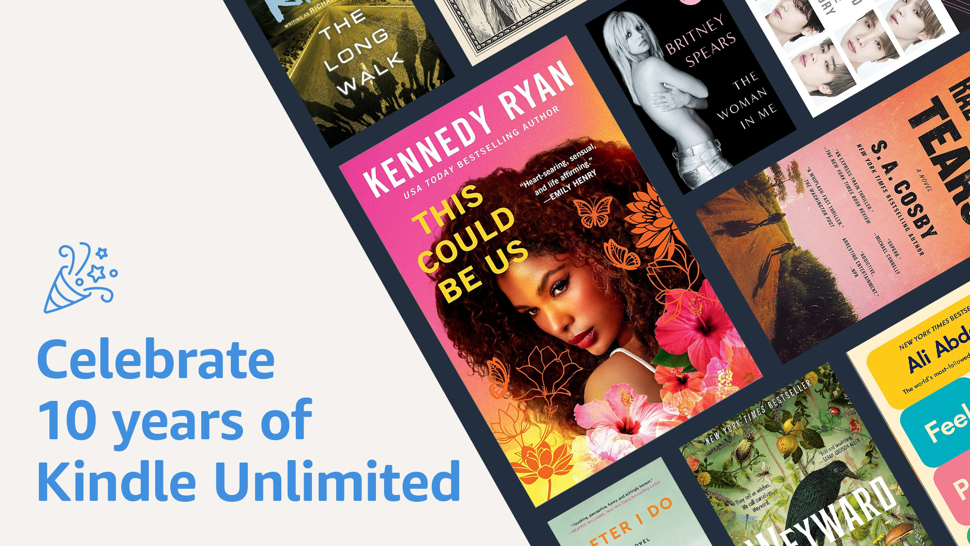 Text that reads Celebrate 10 years of Kindle Unlimited and images of various book covers