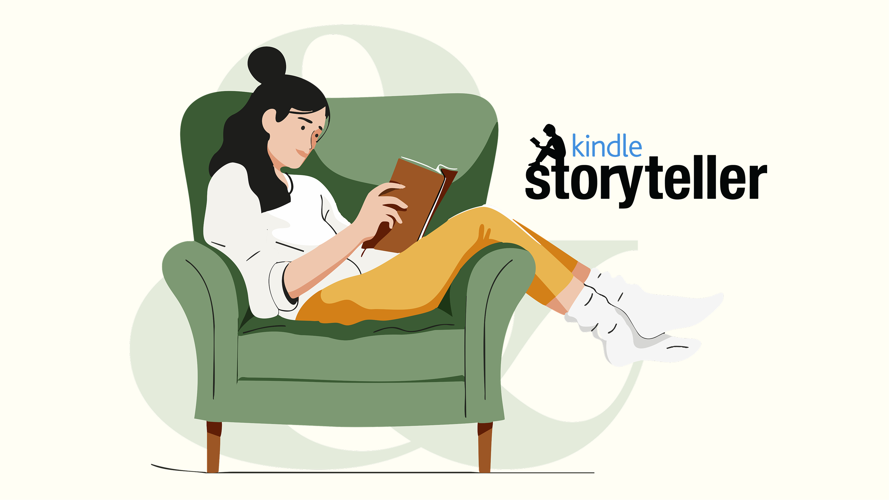 An illustration of a woman reading a book in an armchair with the Kindle Storyteller award logo to the right