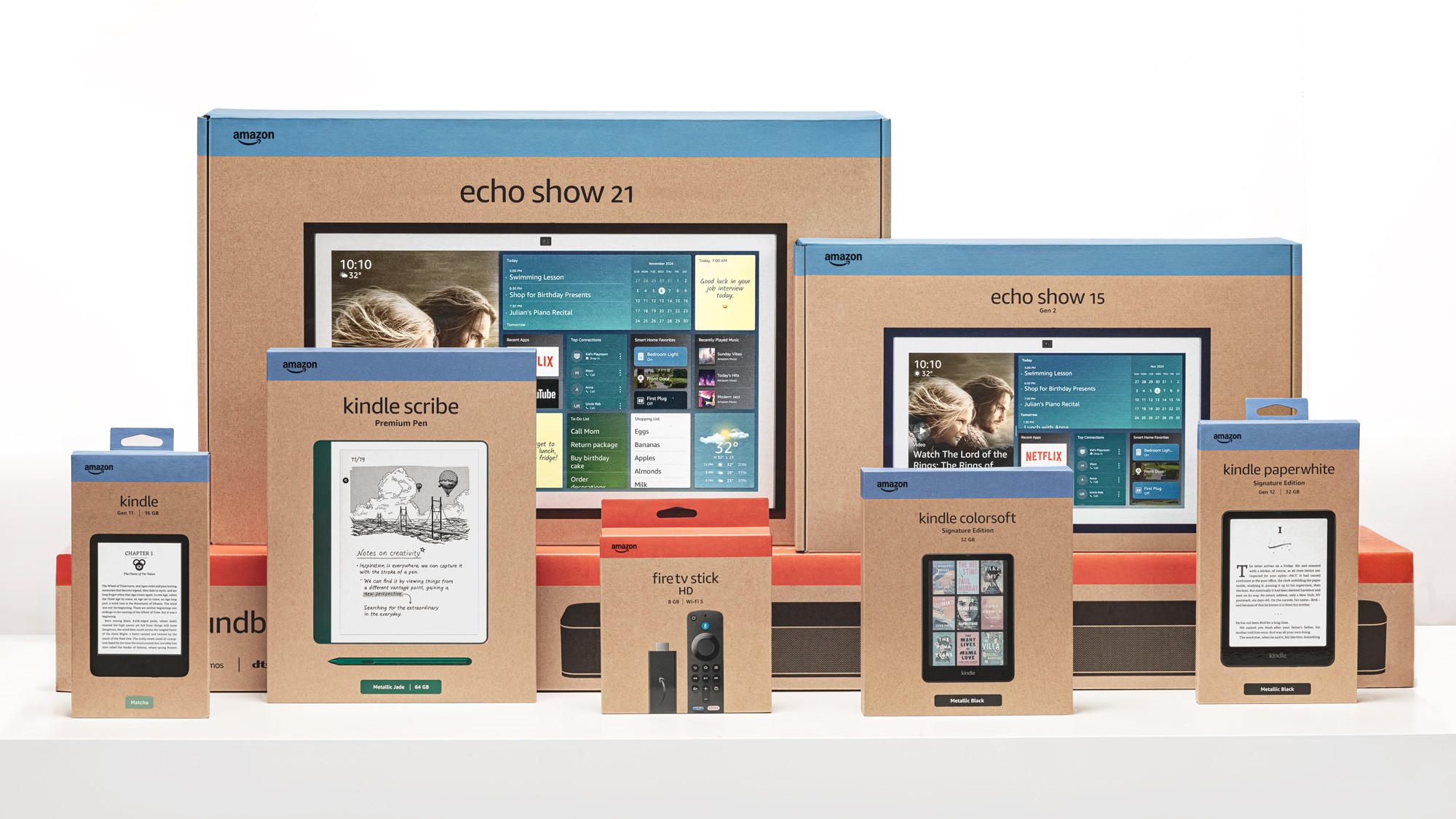 Lineup of Amazon product boxes showcasing Echo, Kindle, and Fire TV devices