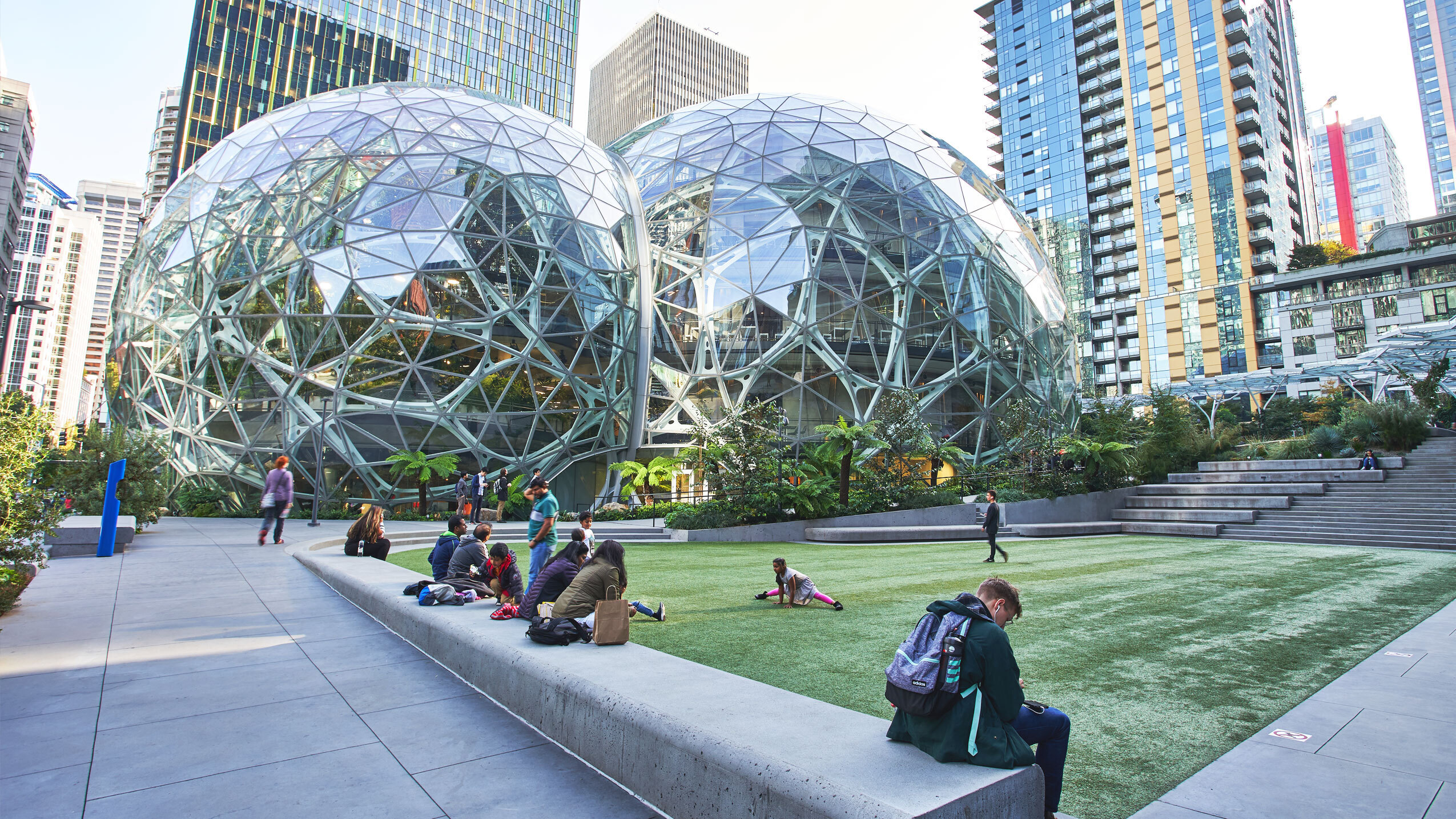 An image of the outside of the Amazon Spheres at Amazon's Seattle headquarters. There are two, large glass spheres with a green patch of grass and a play area in front.