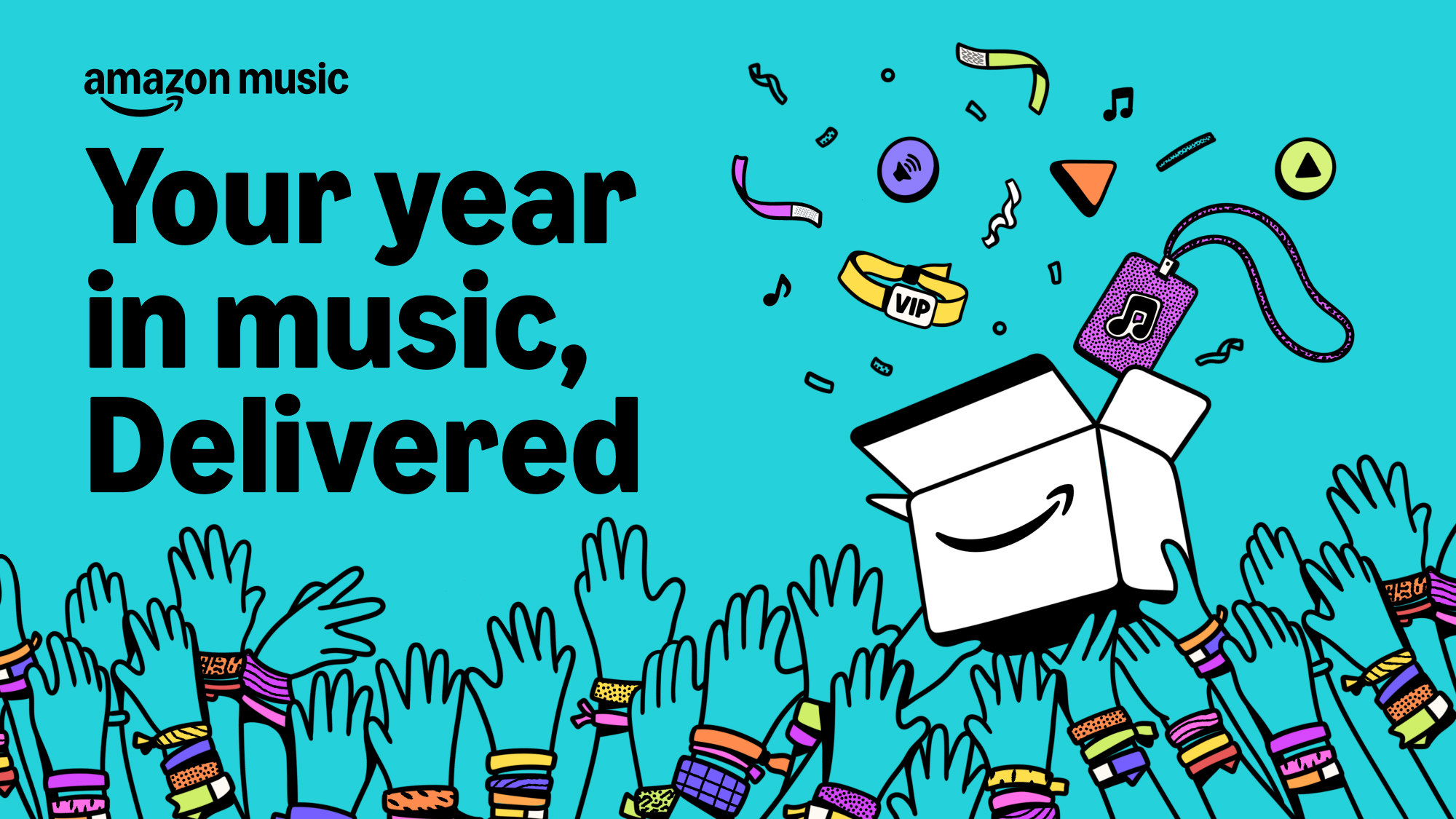 Amazon Music promo: Your year in music, Delivered, with festive icons and audience hands
