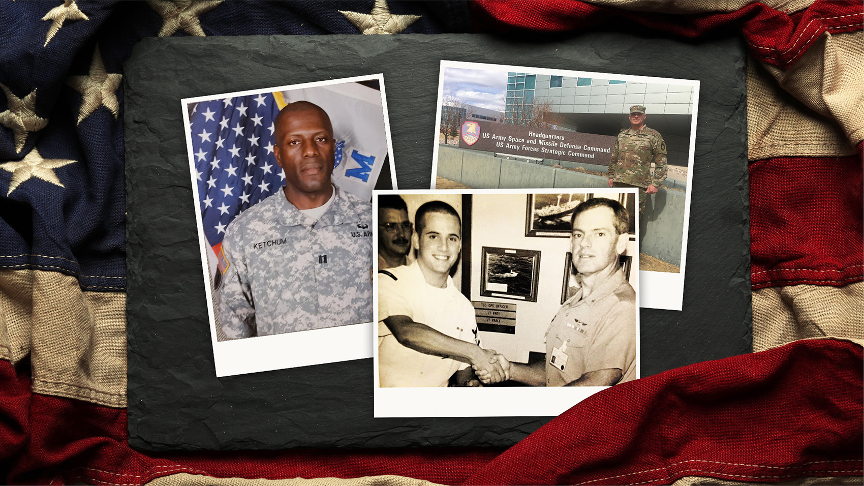 An image with the American flag in the background and a black slate lying on top of it. Overlaying on the slate are three polaroid photos of men who are serving in the United States military. 