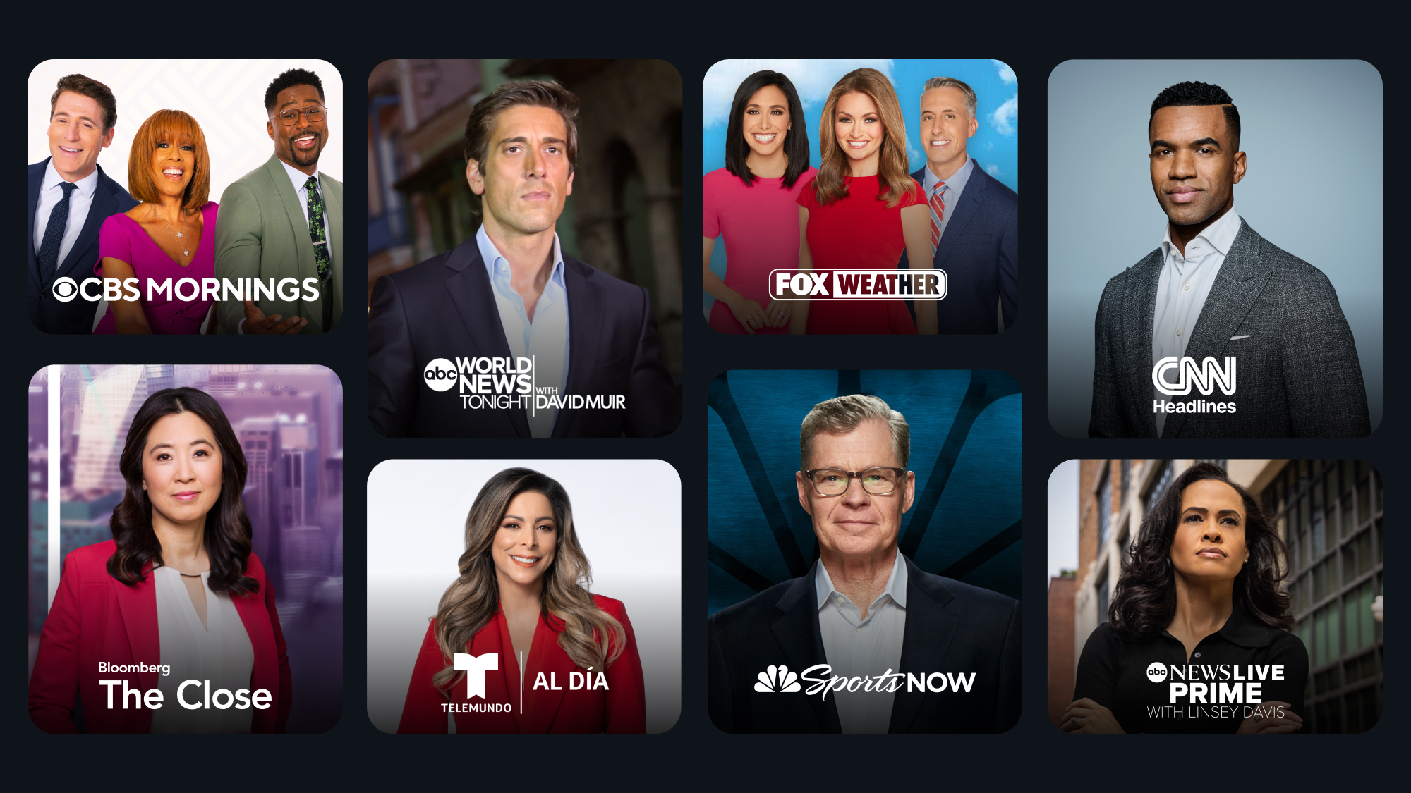 Collage of TV presenters from CBS, FOX, CNN, ABC, NBC, and other channels