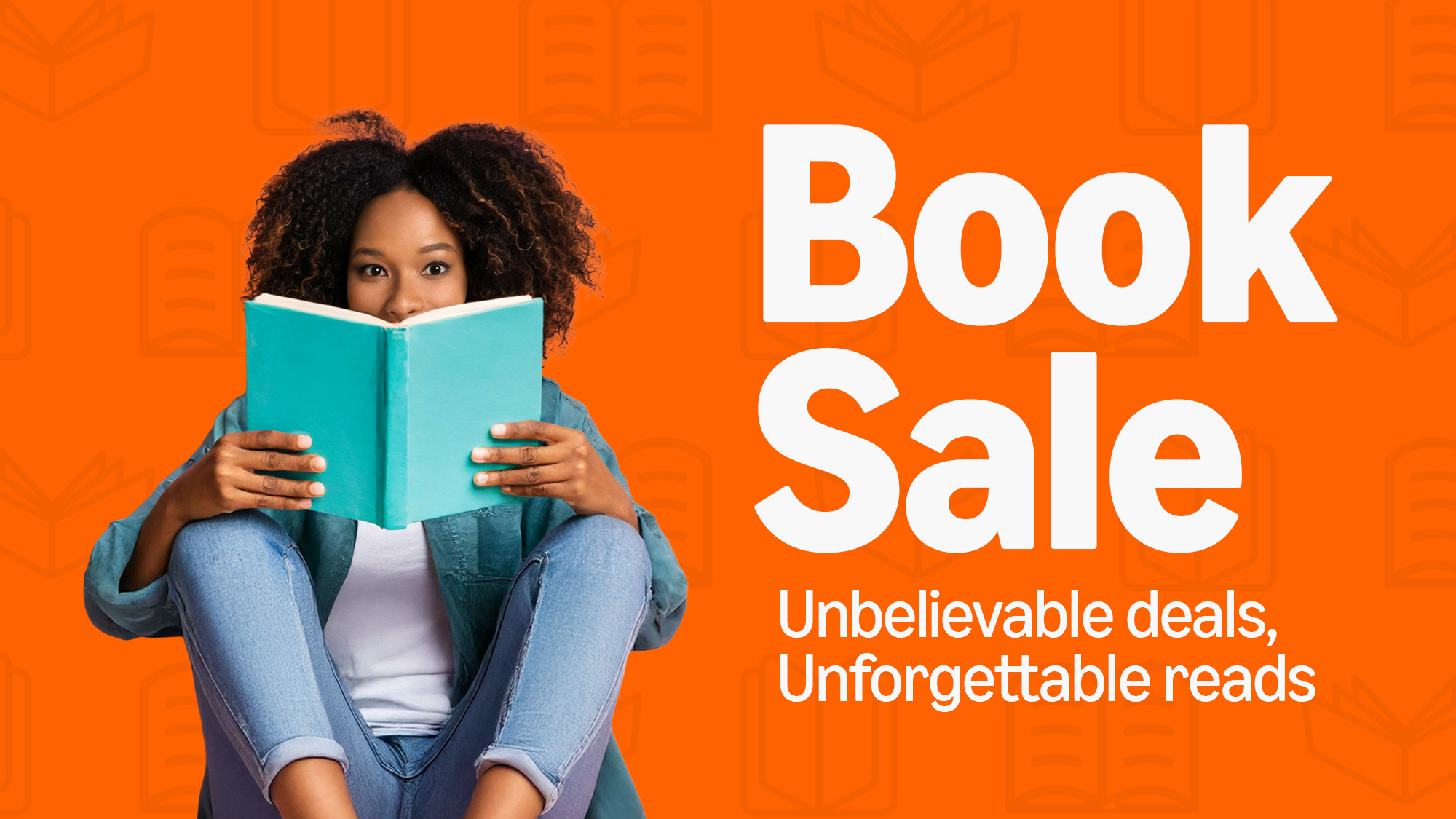 A woman reading a book while sitting next to the words 'Book Sale, Unbelievable deals, unforgettable reads'