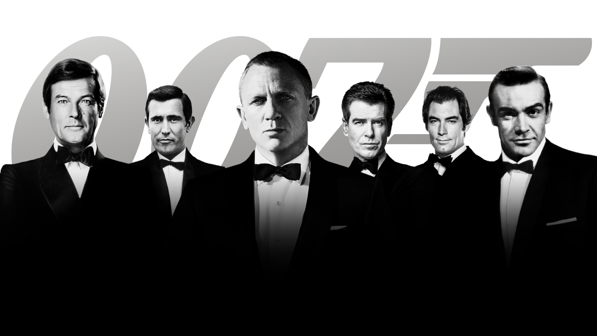 Six actors who played James Bond in tuxedos, black and white portrait