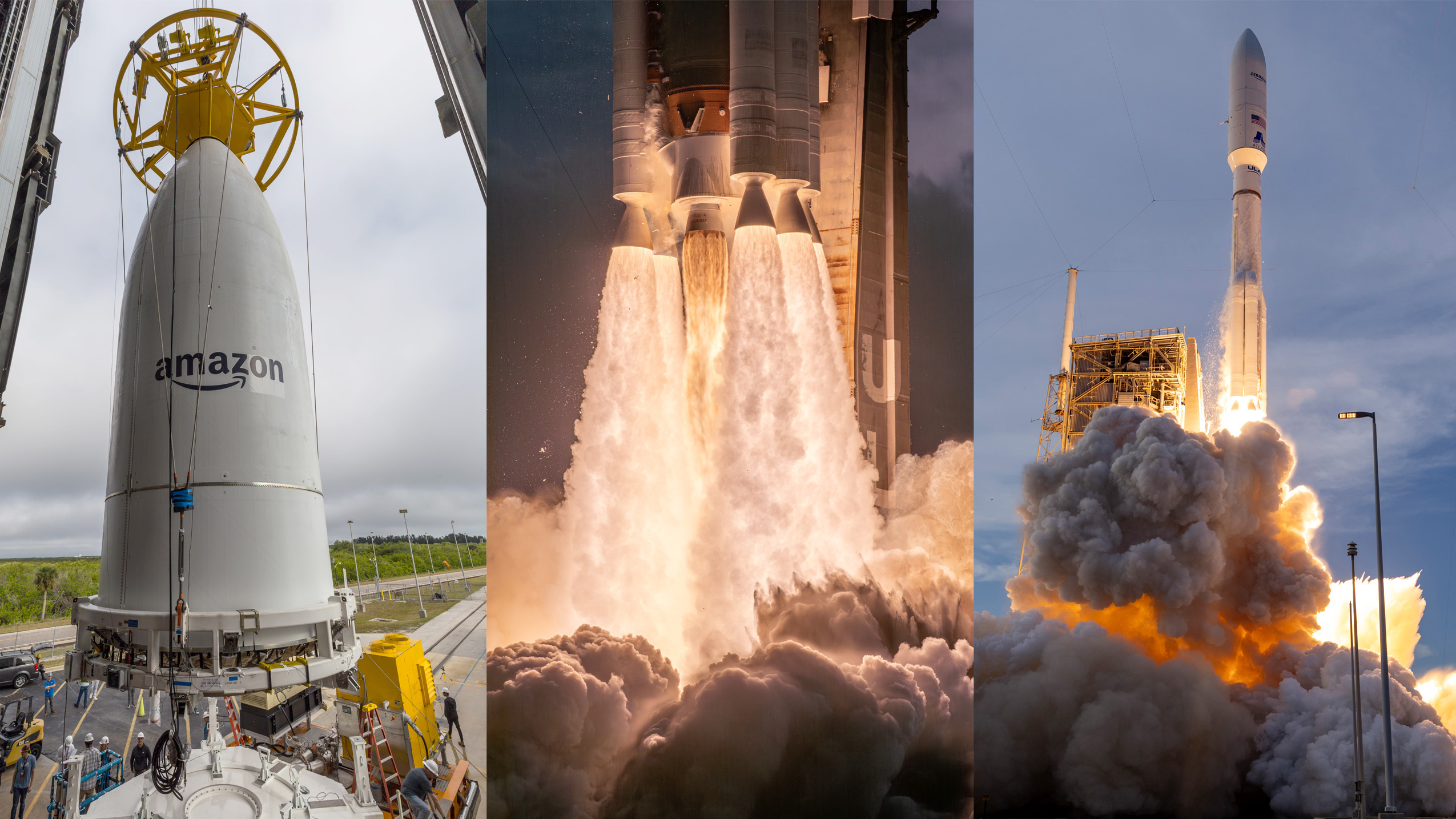 Three-phase space launch progression featuring Amazon's rocket
