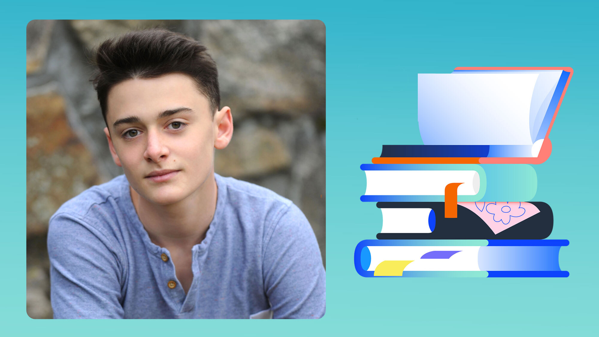 A headshot of Noah Schnapp next to a graphic of a stack of books.