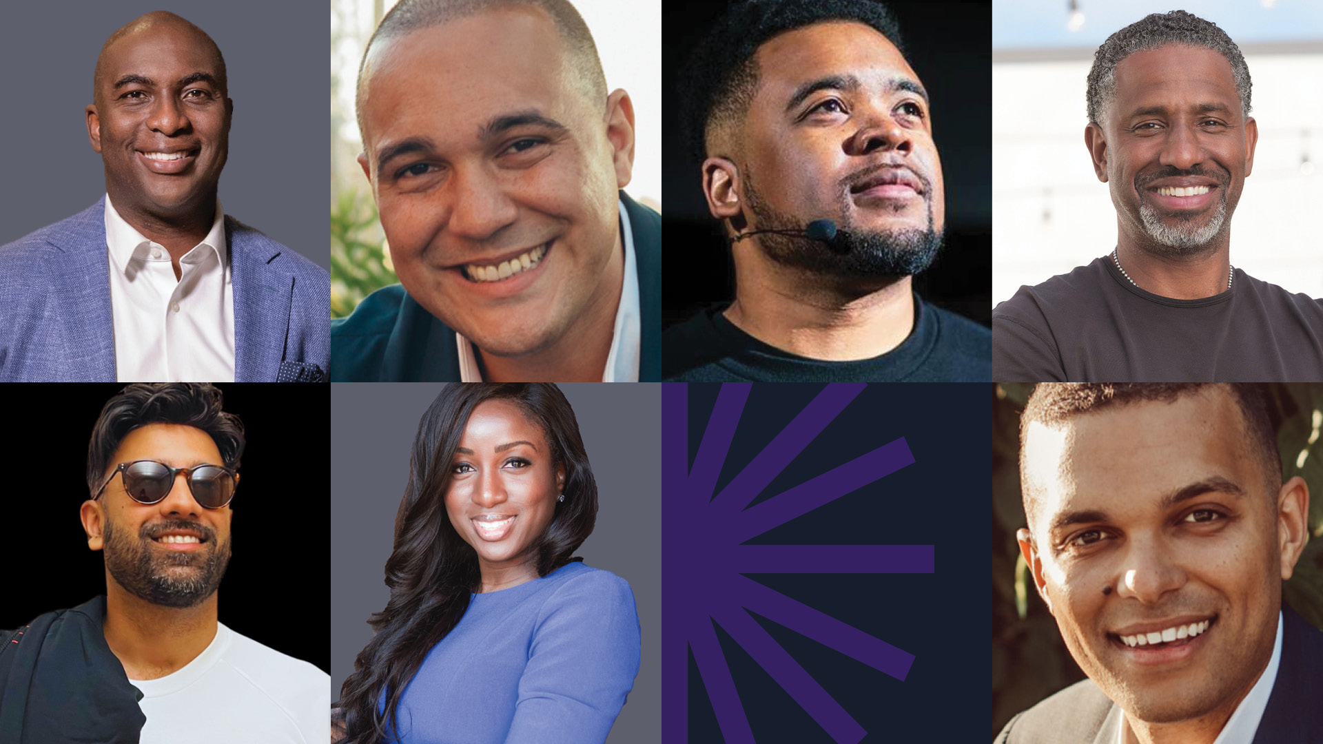 A collage of headshots of individuals smiling.