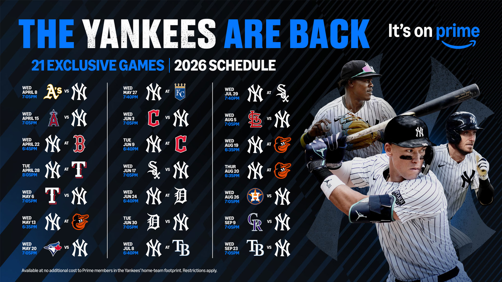 Schedule of New York Yankees games on Prime Video for 2026.