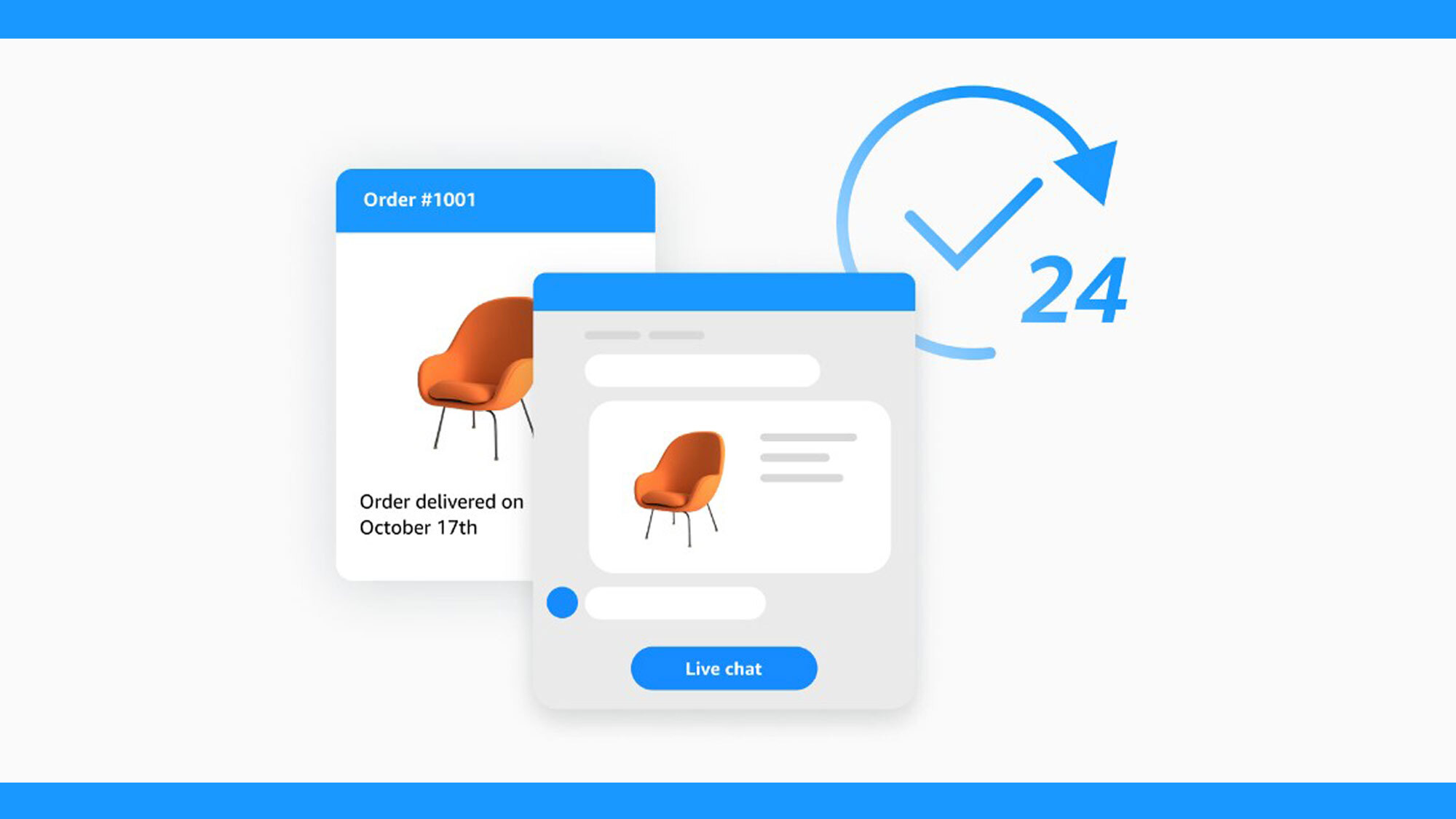 A graphic of a product image of a chair with a live chat option.