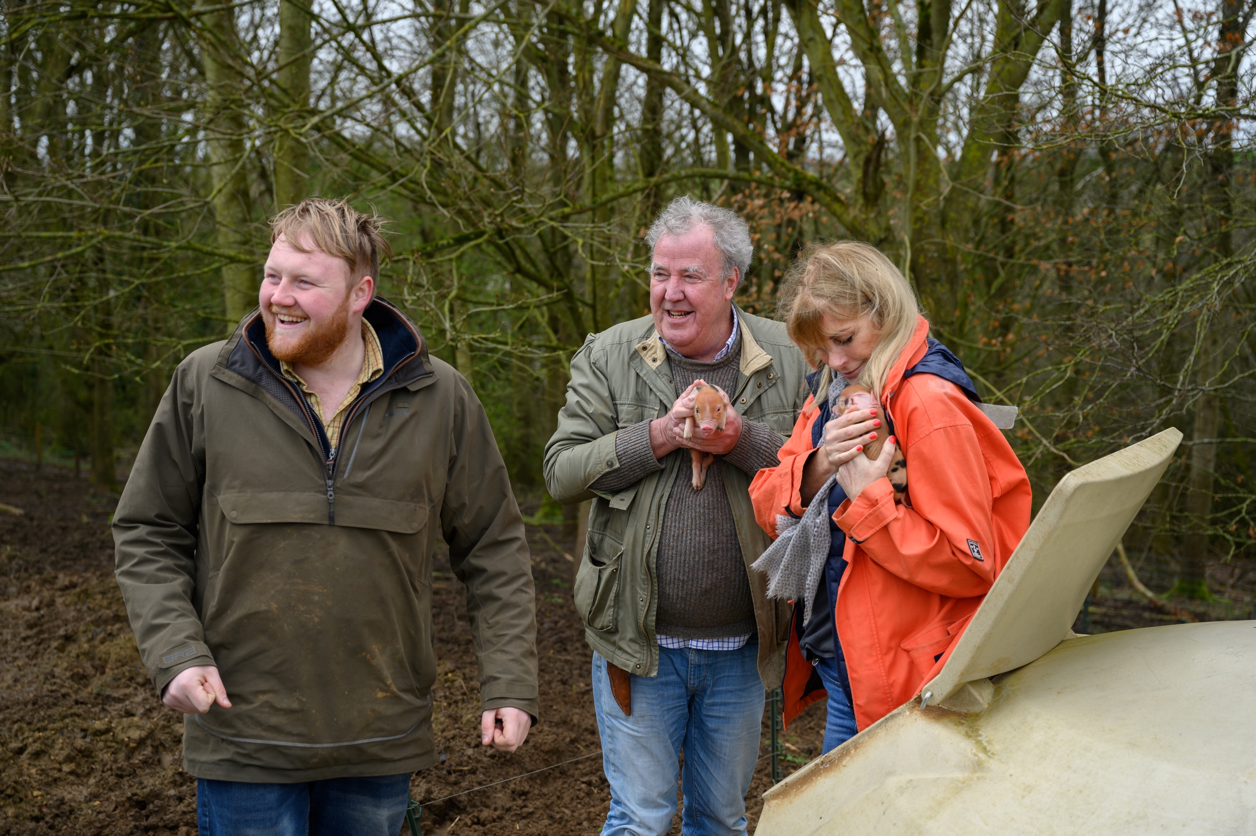 Kaleb Cooper, Jeremy Clarkson and Lisa Hogan on Clarkson's Farm season 4