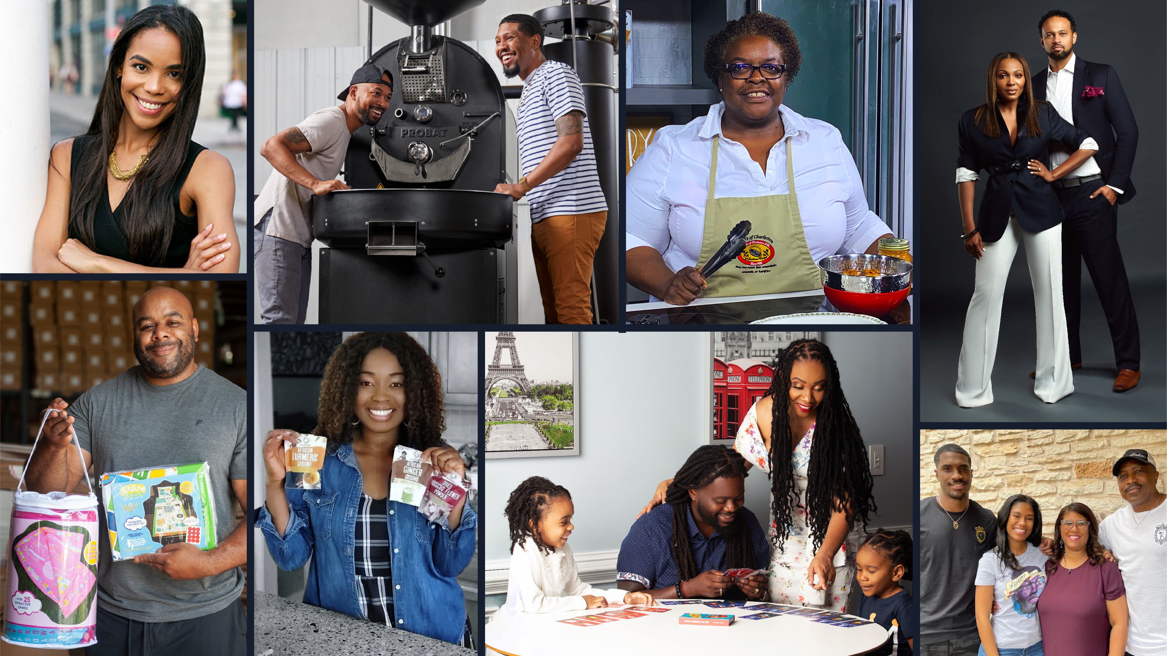 A collage of Black business owners posing with their products or alongside their family.
