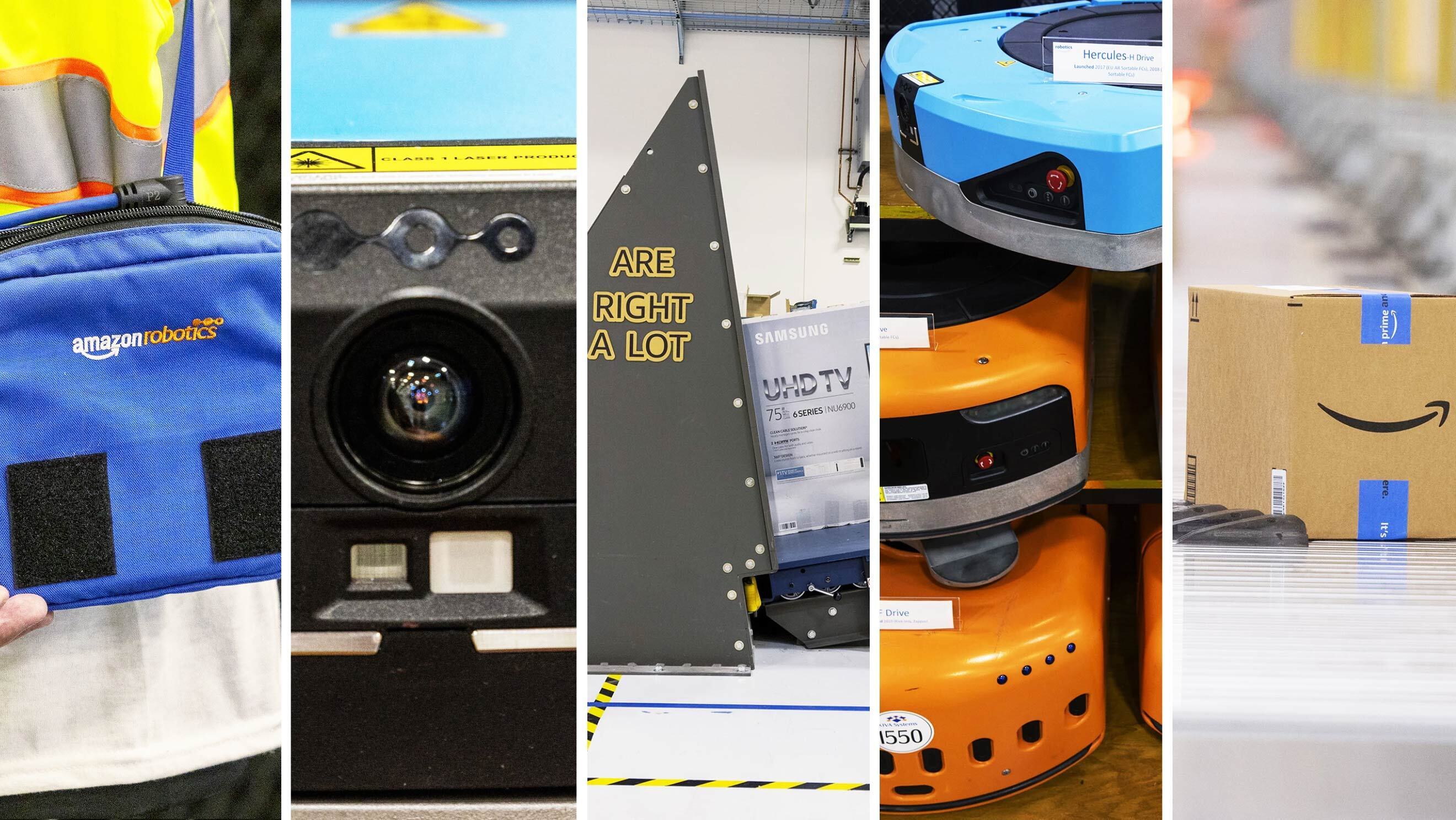 A split image showing several photos of the outside of the Amazon robotics facility in Sumner, WA, a closeup of a warehouse robot, an image of a box impact testing system, and an image of stacked mobile drive unit robots.