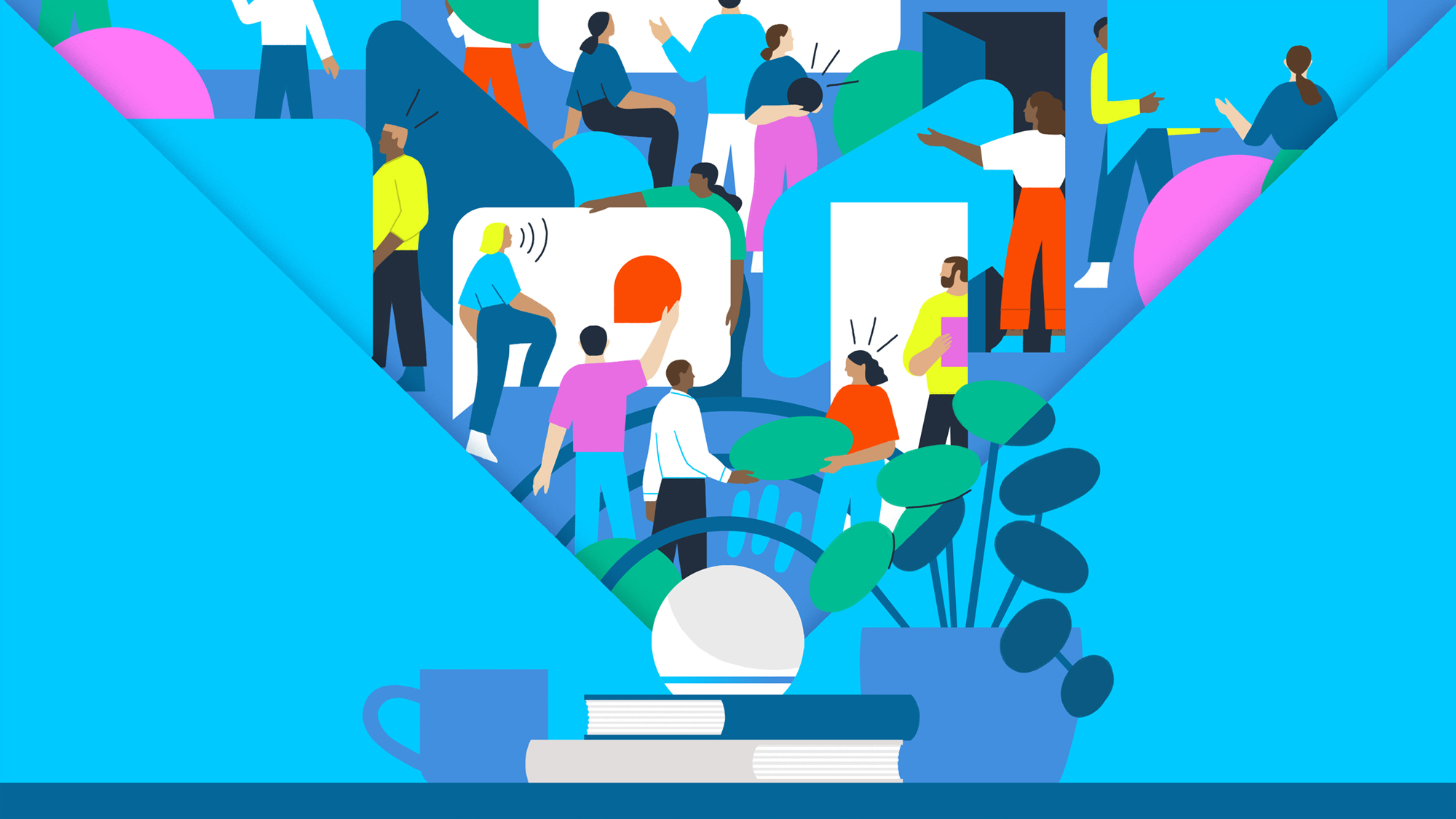 An illustrated image of an Amazon Echo device reflecting a collage of people communicating with each other. The device is sitting on two books, and there is a coffee mug and a plant in a blue background. 