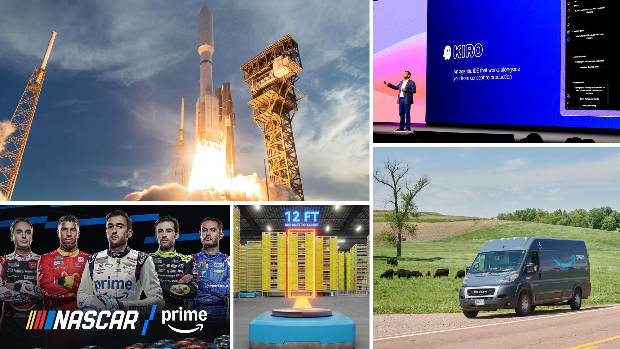 Collage featuring a Kuiper launch with fiery thrust against cloudy sky, a presenter on stage discussing KIRO, an AI concept-to-production tool, NASCAR drivers lineup with Prime sponsorship logo, DeepFleet in action showcasing an illuminated '12 FT' sign above yellow shelving units, and an Amazon delivery van on rural road with grazing bison.