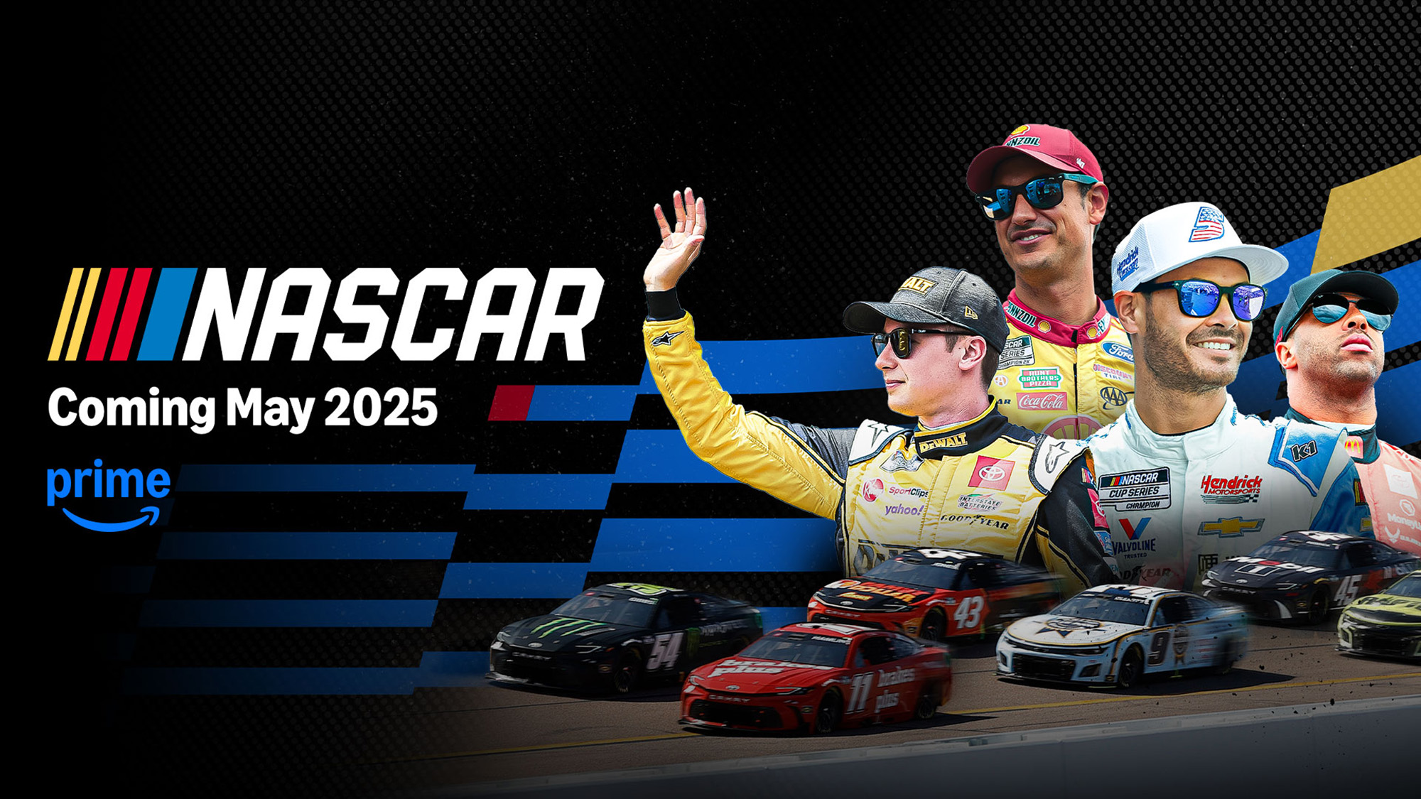 A banner showcasing NASCAR drivers and the premiere date for NASCAR on Prime Video starting in May 2025.