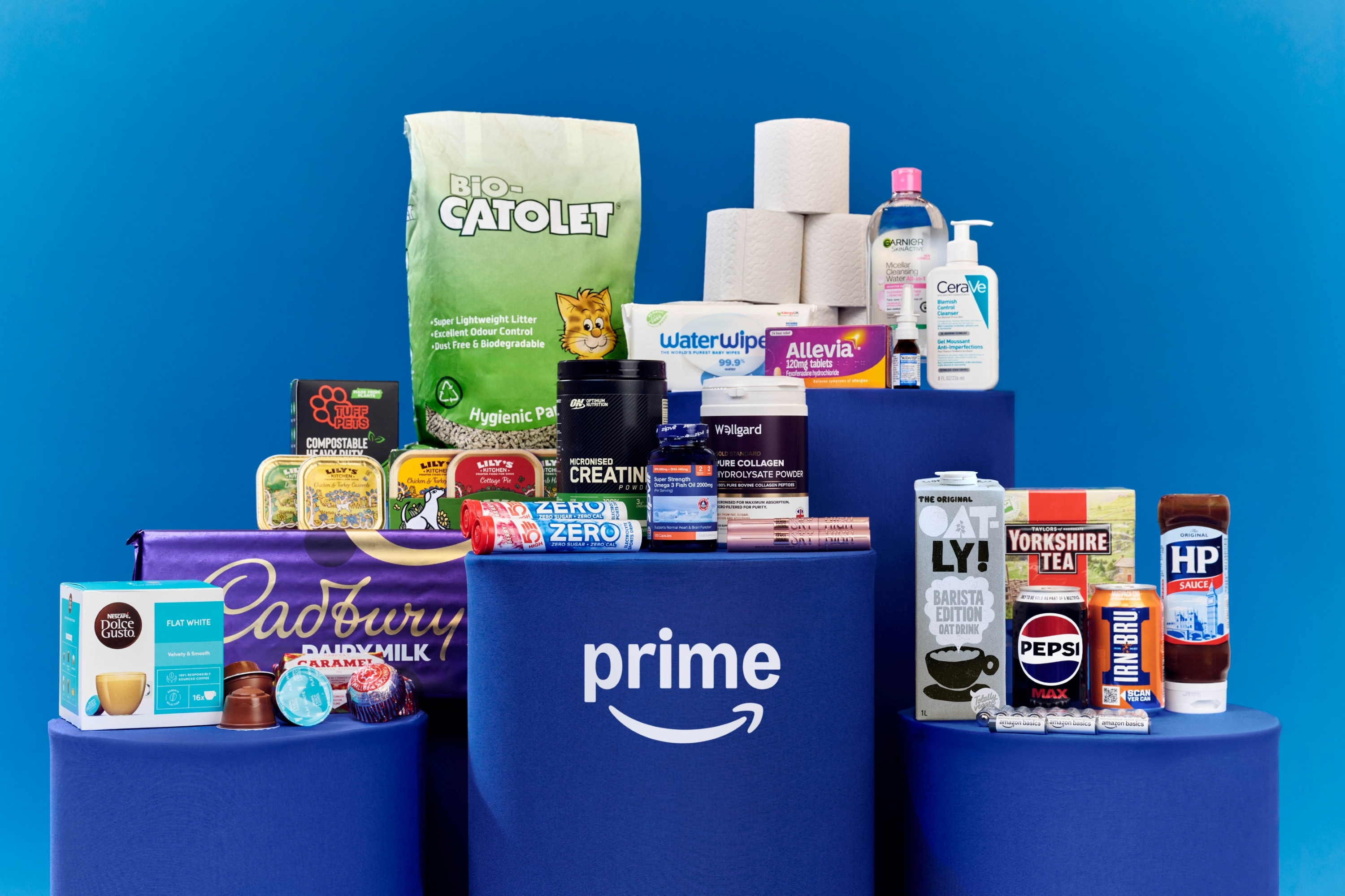 Popular products delivered same or next day on Amazon Prime in the UK in 2025 on plinths with Prime logo