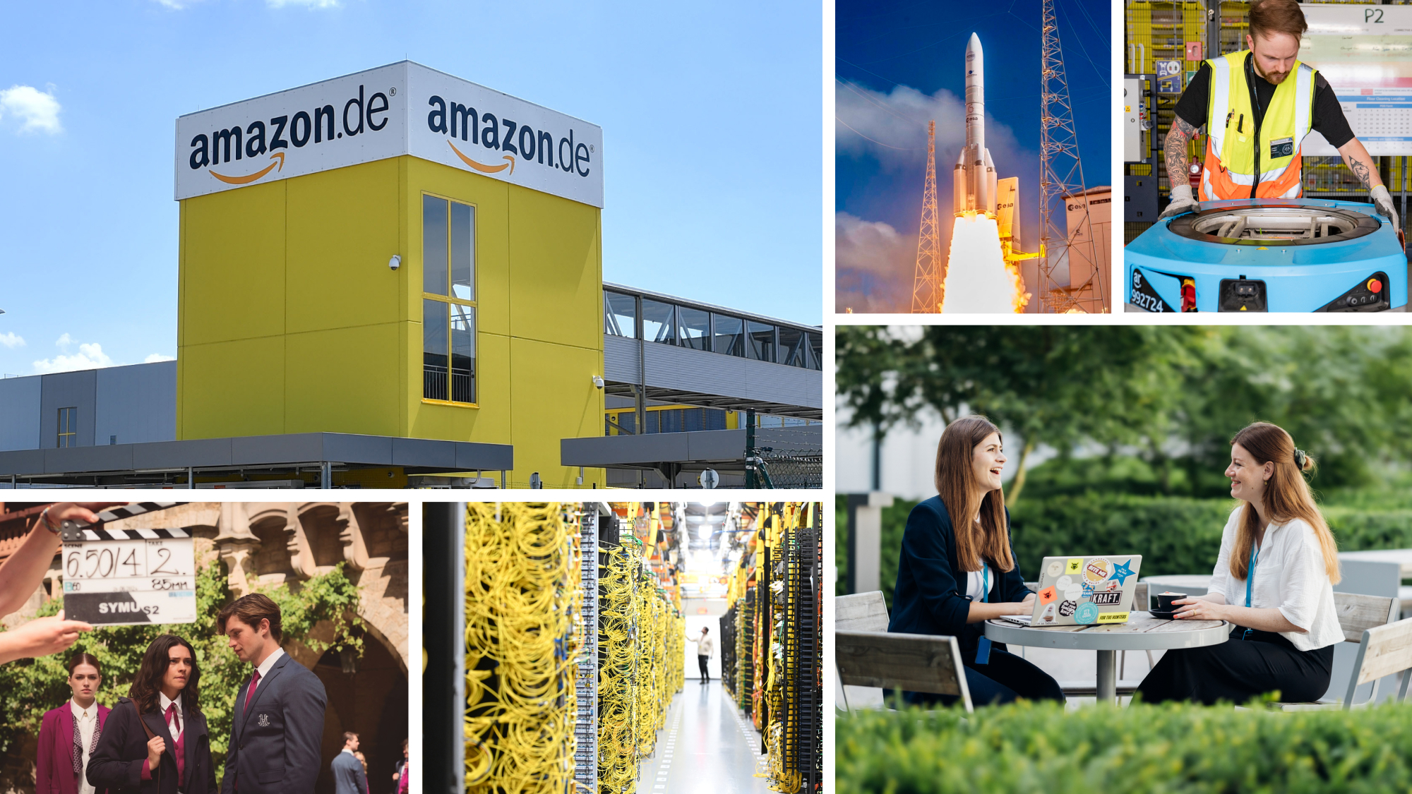 A six-image collage of Amazon operations: an amazon.de building, a rocket launch, a fulfilment centre robot, colleagues working outdoors, data centre cabling and a film set.