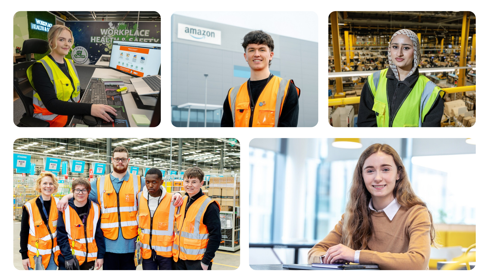 Collage of young people engaging in various Amazon programmes to support young people into work 